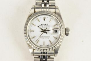 A Rolex Oyster Perpetual Date, automatic, ladies, stainless steel wristwatch, having a white dial,