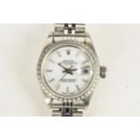 A Rolex Oyster Perpetual Date, automatic, ladies, stainless steel wristwatch, having a white dial,