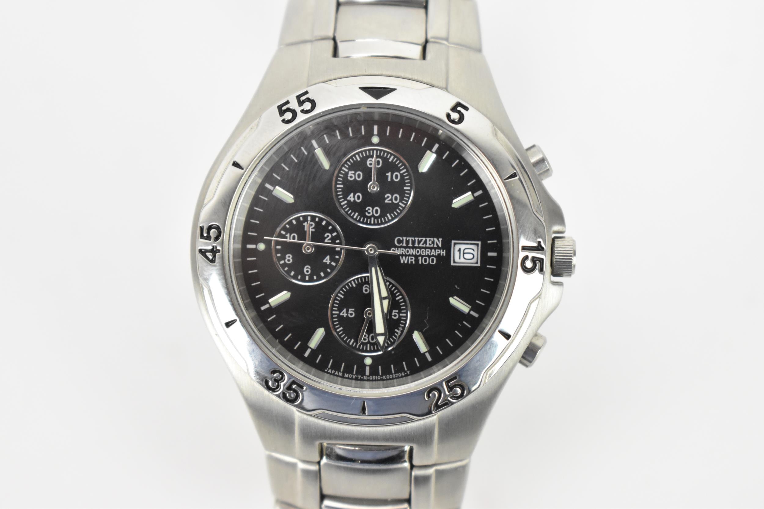 A Citizen Chronograph WR100, quartz, gents, stainless steel wristwatch, having a black dial,