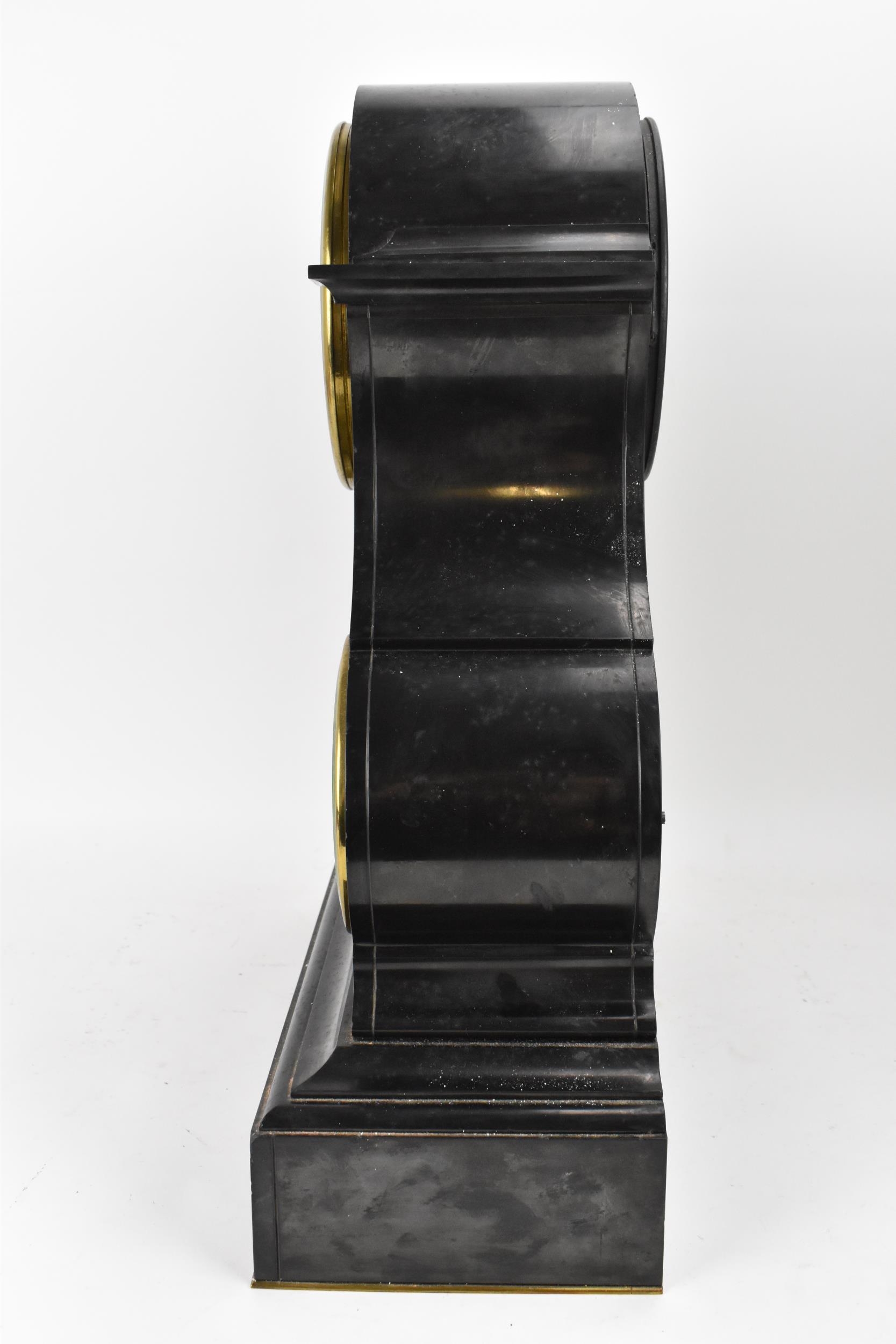 A Victorian black slate perpetual calendar clock, the circular enamel Roman dial having a visible - Image 6 of 12