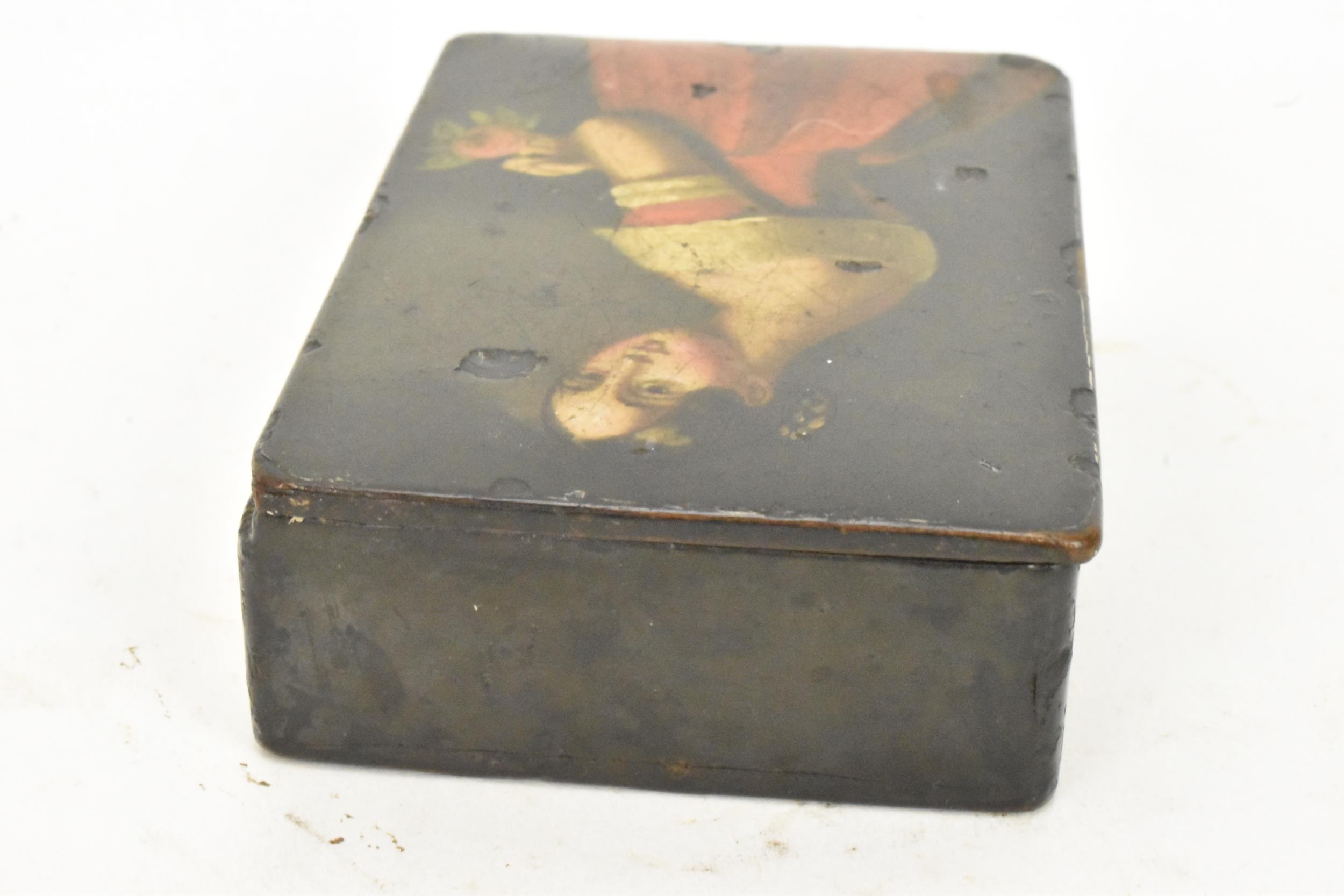 A 19th century black papier mache snuff box, the the hinged cover painted with a three quarter - Image 3 of 7