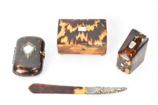 Four late 19th/early 20th century tortoiseshell items to include a French 19th century pique work