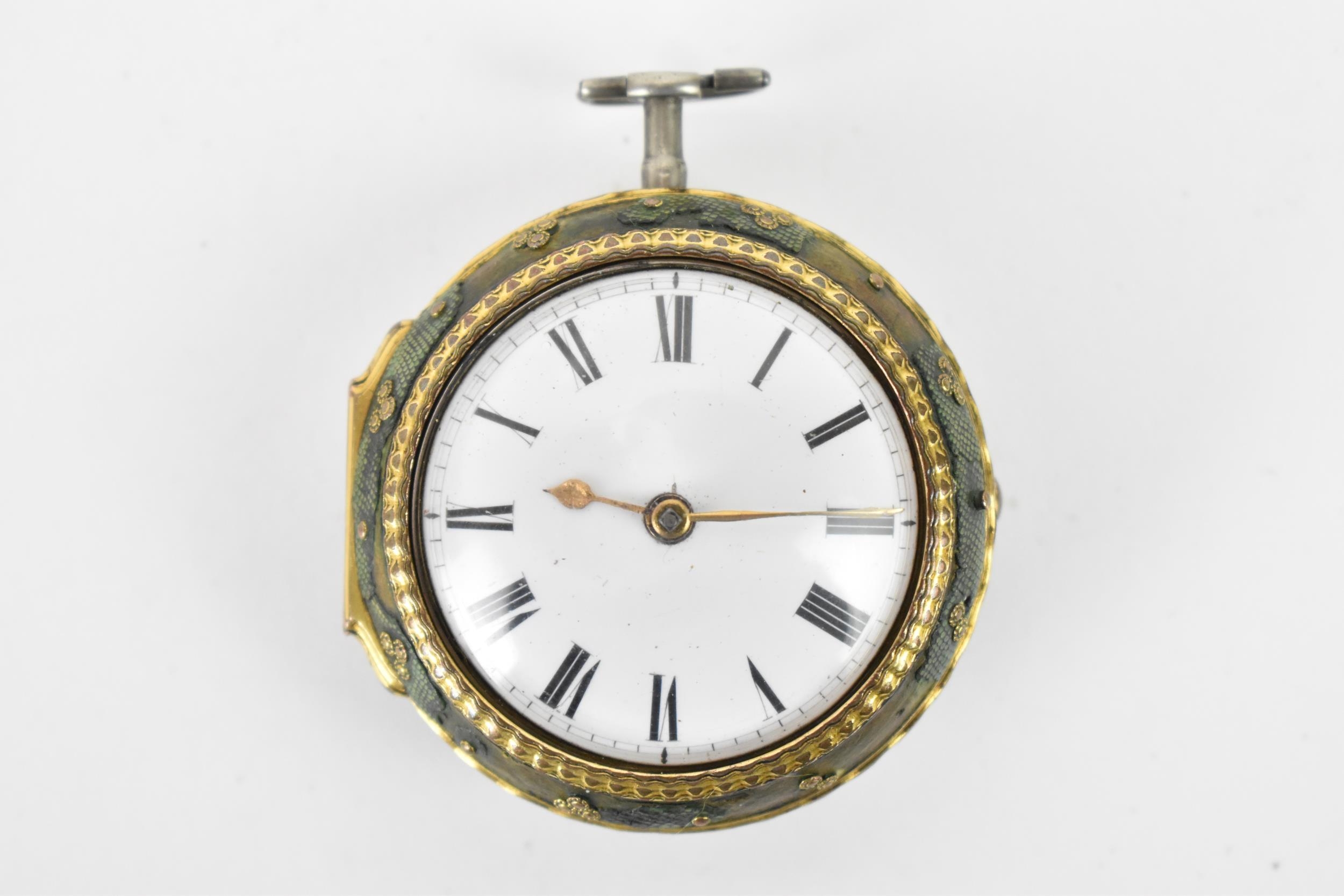 A George III shagreen and silver pair cased pocket watch, the white enamel dial having black Roman