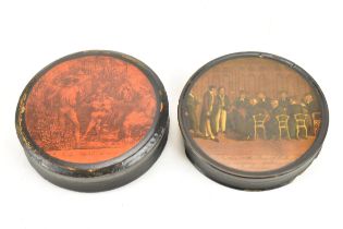 Two early 19th century papier mache snuff boxes to include one with applied print to the lid with