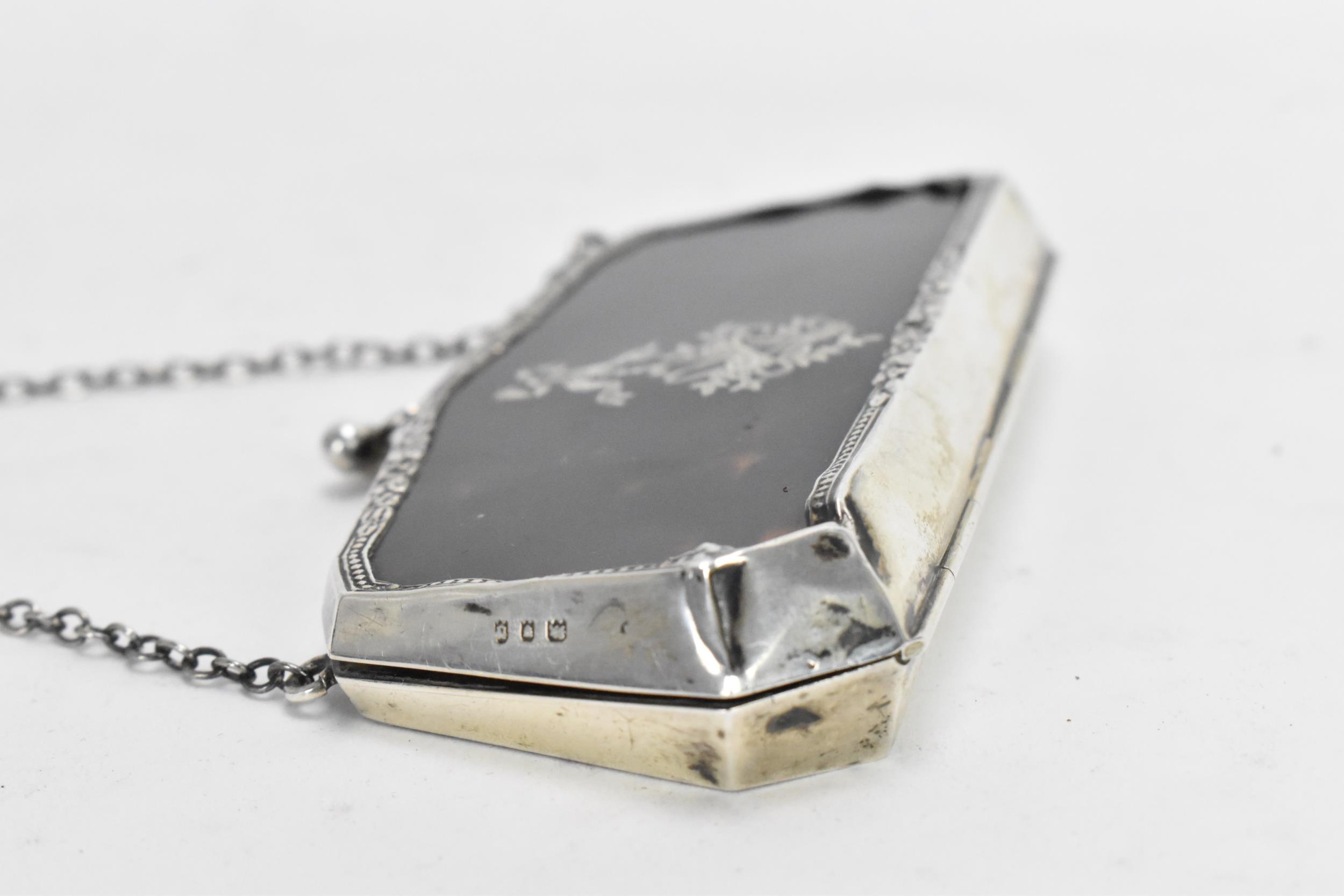 A George V tortoiseshell and silver purse, with suspension chain, Adams style silver inlaid - Image 6 of 8