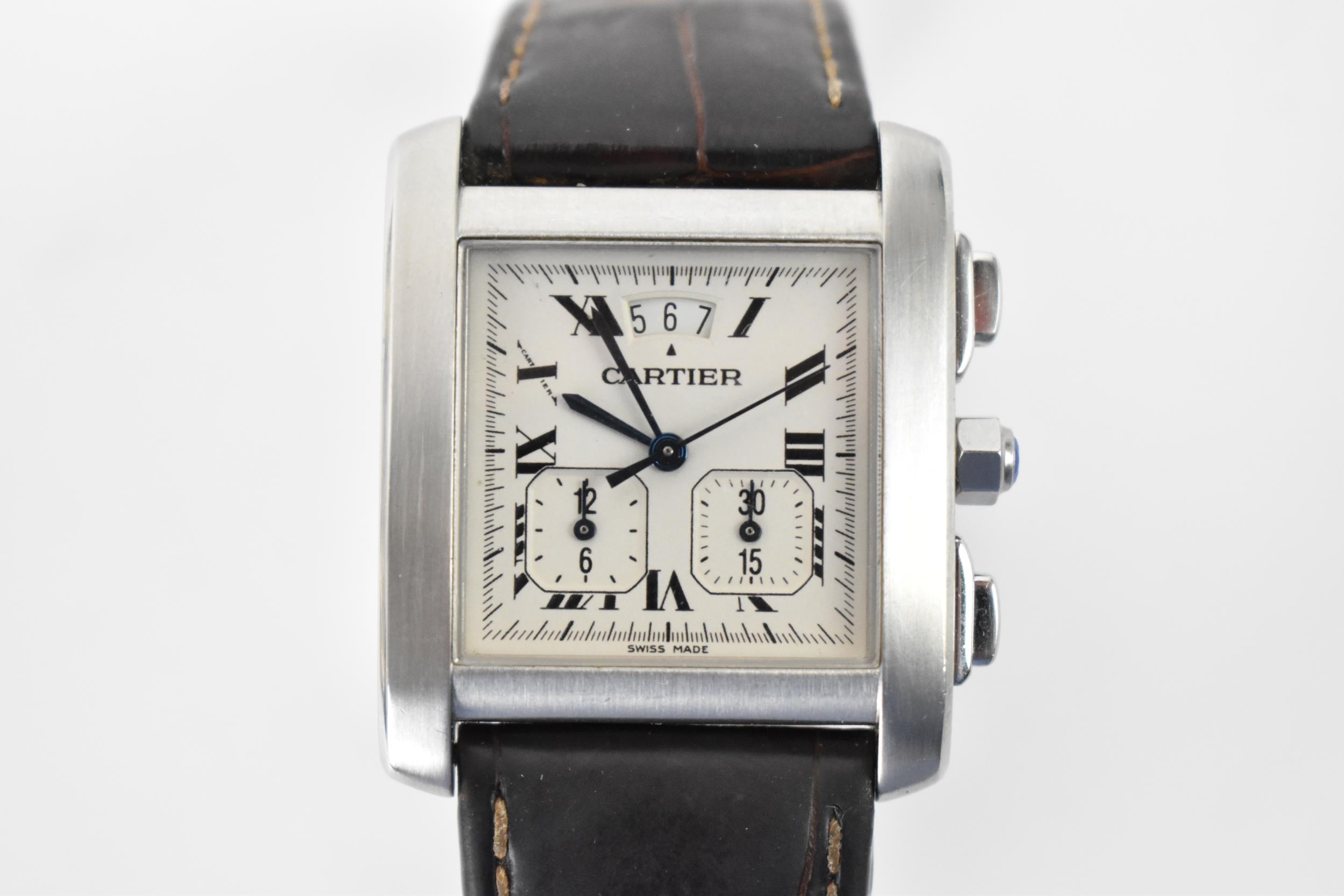 A Cartier Tank Francaise, chronograph, quartz, gents, stainless steel wristwatch, having a square