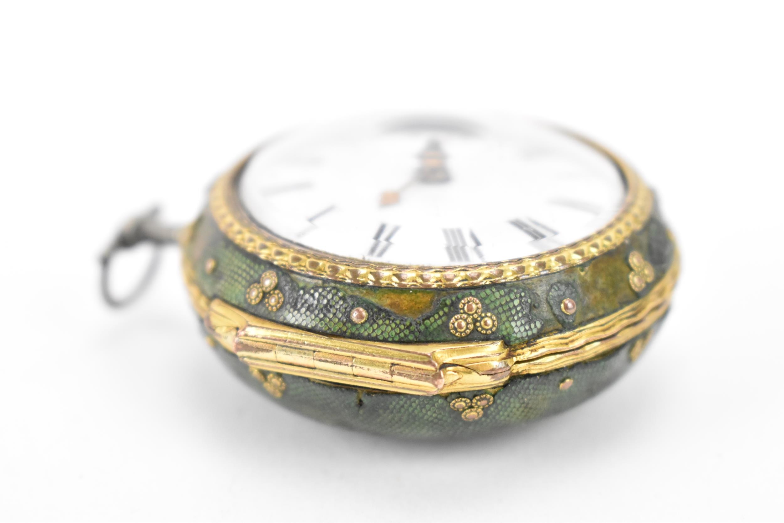 A George III shagreen and silver pair cased pocket watch, the white enamel dial having black Roman - Image 4 of 9