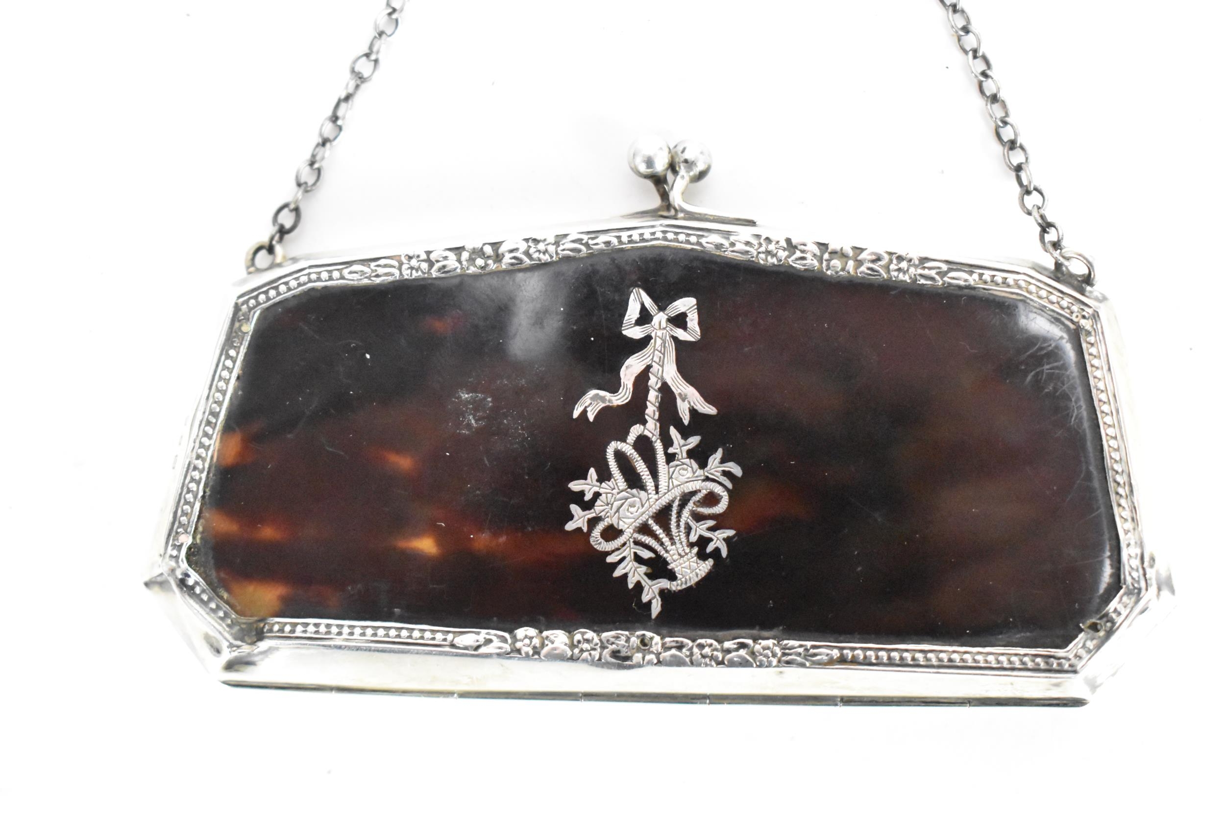 A George V tortoiseshell and silver purse, with suspension chain, Adams style silver inlaid - Image 4 of 8