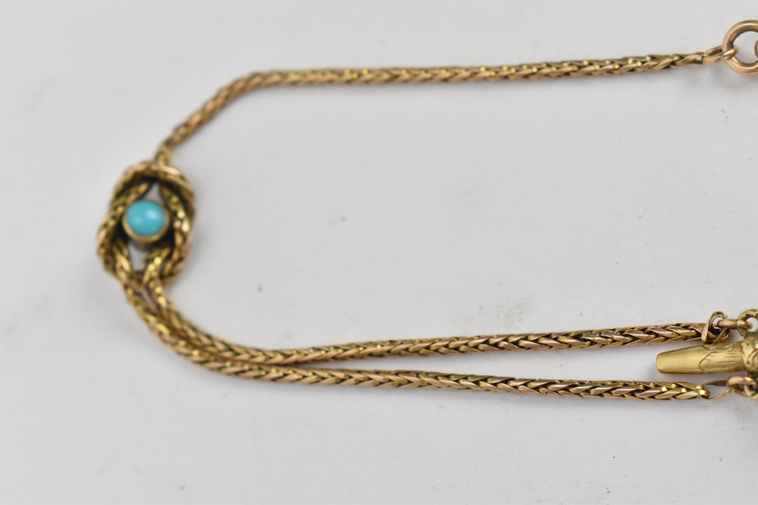 A Victorian yellow metal watch chain, the centre of the chain having a central turquoise - Image 3 of 4