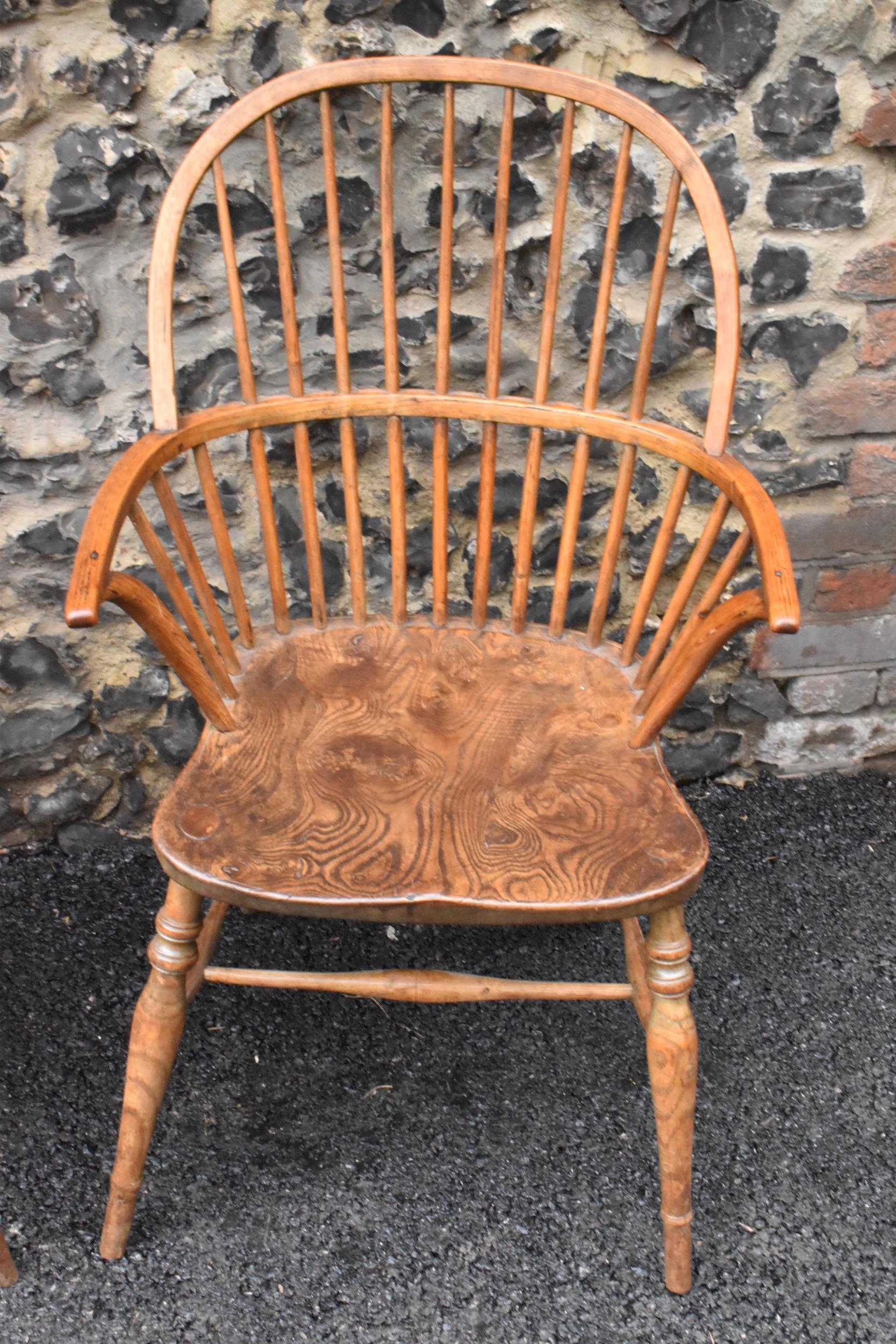 A pair of 19th century elm and ash Windsor carver dining chairs, having spindle hoop shaped backs, - Image 2 of 11