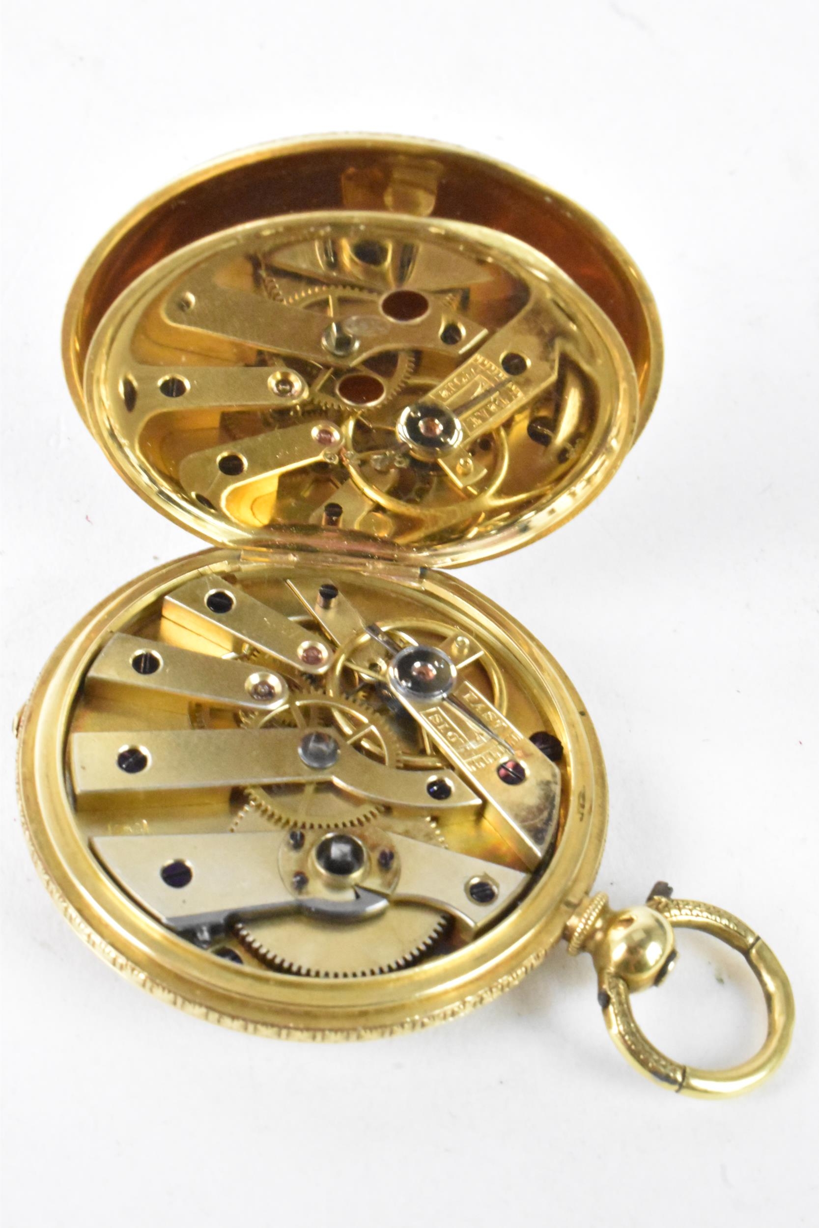 A late 19th/early 20th century 18ct gold half hunter ladies fob watch, the case having an ornate - Bild 4 aus 4