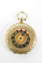 A late 19th/early 20th century 18ct gold half hunter ladies fob watch, the case having an ornate