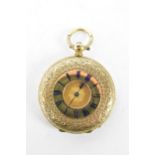 A late 19th/early 20th century 18ct gold half hunter ladies fob watch, the case having an ornate