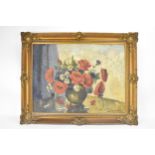 A Hungarian still life oil on canvas depicting flowers in a vase, indictinctly signed to the lower