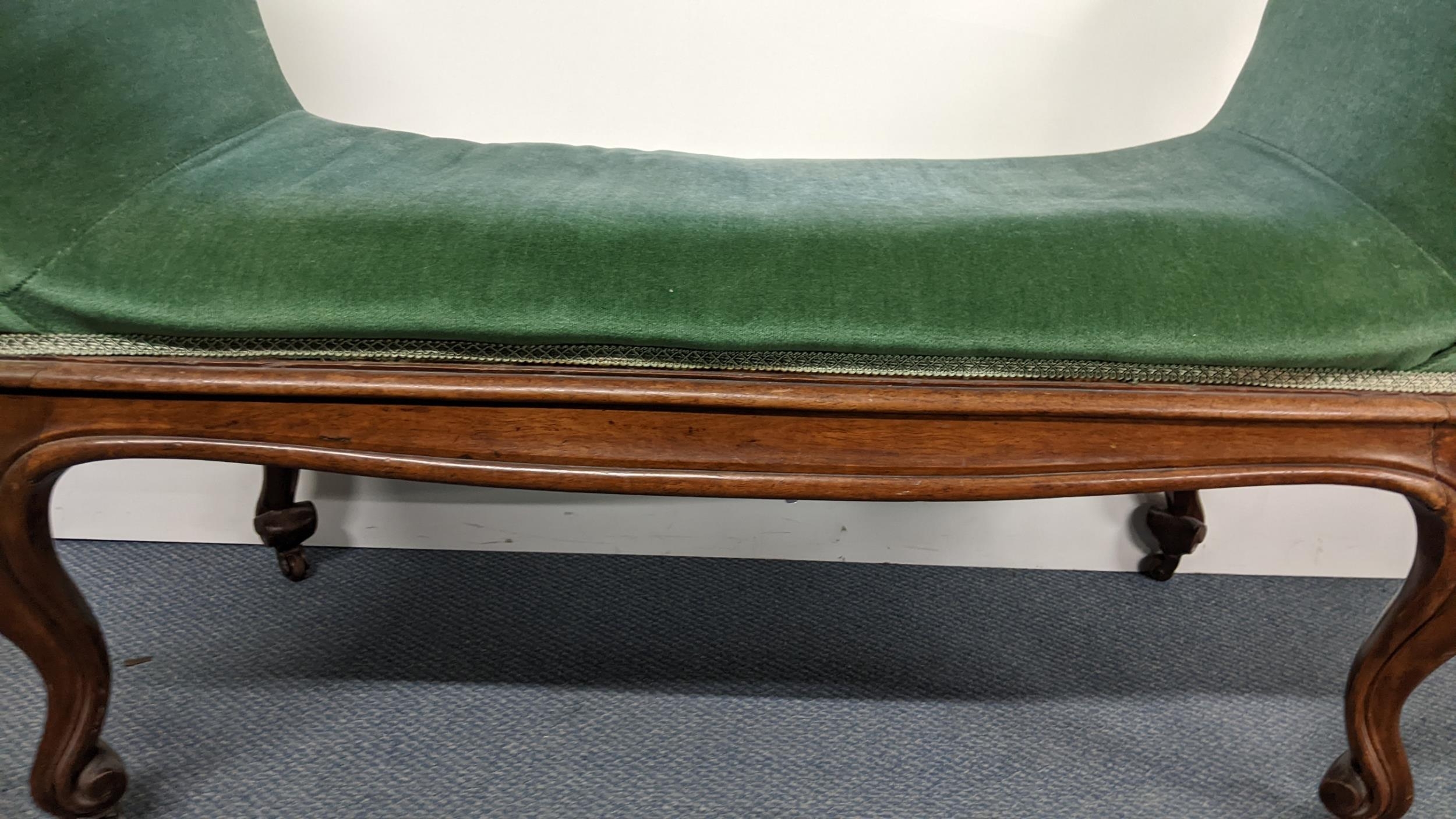 A 19th century French walnut window seat having padded scroll ends, cabriole legs with carved scroll - Image 4 of 8