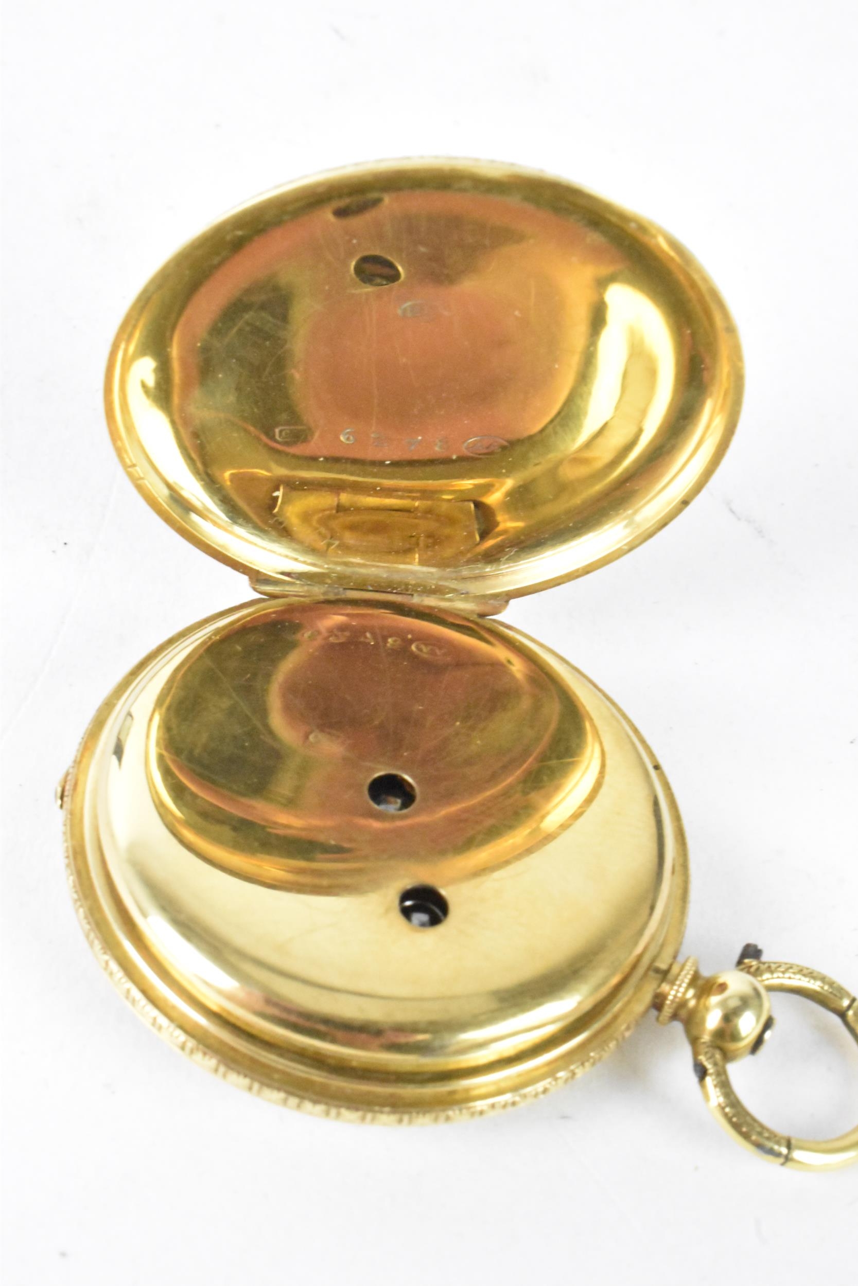 A late 19th/early 20th century 18ct gold half hunter ladies fob watch, the case having an ornate - Bild 3 aus 4