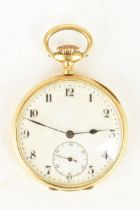 An Omega early 20th century, 18ct gold, open faced pocket watch, the white enamel dial having