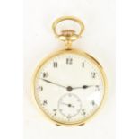 An Omega early 20th century, 18ct gold, open faced pocket watch, the white enamel dial having