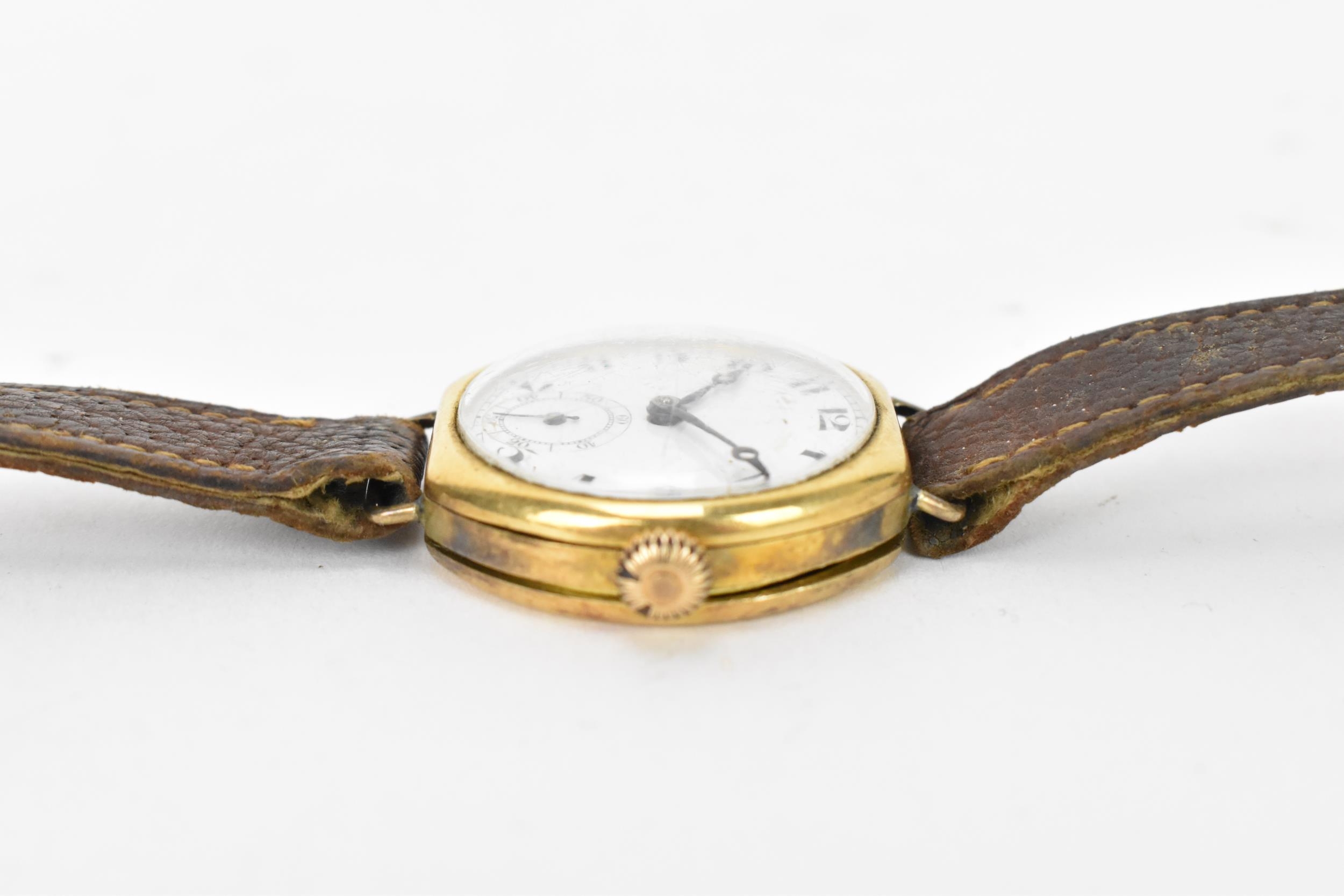 A 1920s, manual wind, gents, 18ct gold wristwatch, having a white enamel dial, subsidiary seconds - Image 3 of 7