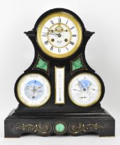 A Victorian black slate perpetual calendar clock, the circular enamel Roman dial having a visible