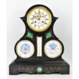 A Victorian black slate perpetual calendar clock, the circular enamel Roman dial having a visible