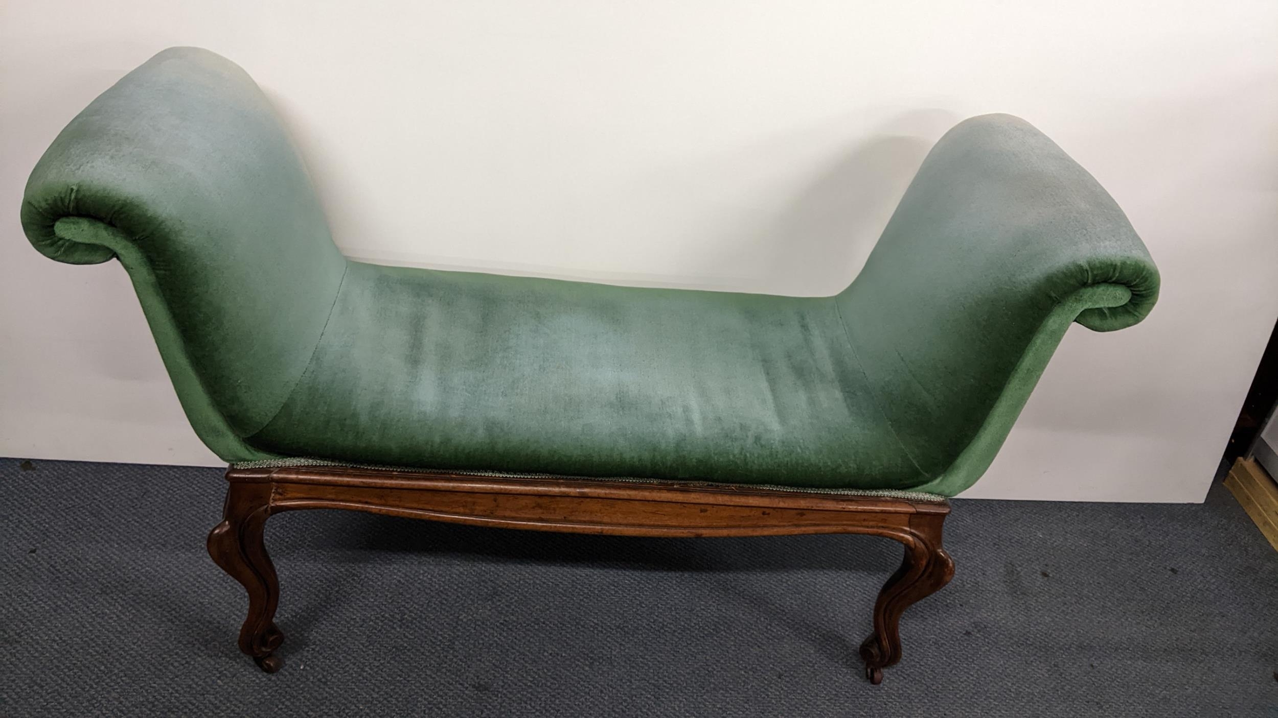 A 19th century French walnut window seat having padded scroll ends, cabriole legs with carved scroll - Image 6 of 8