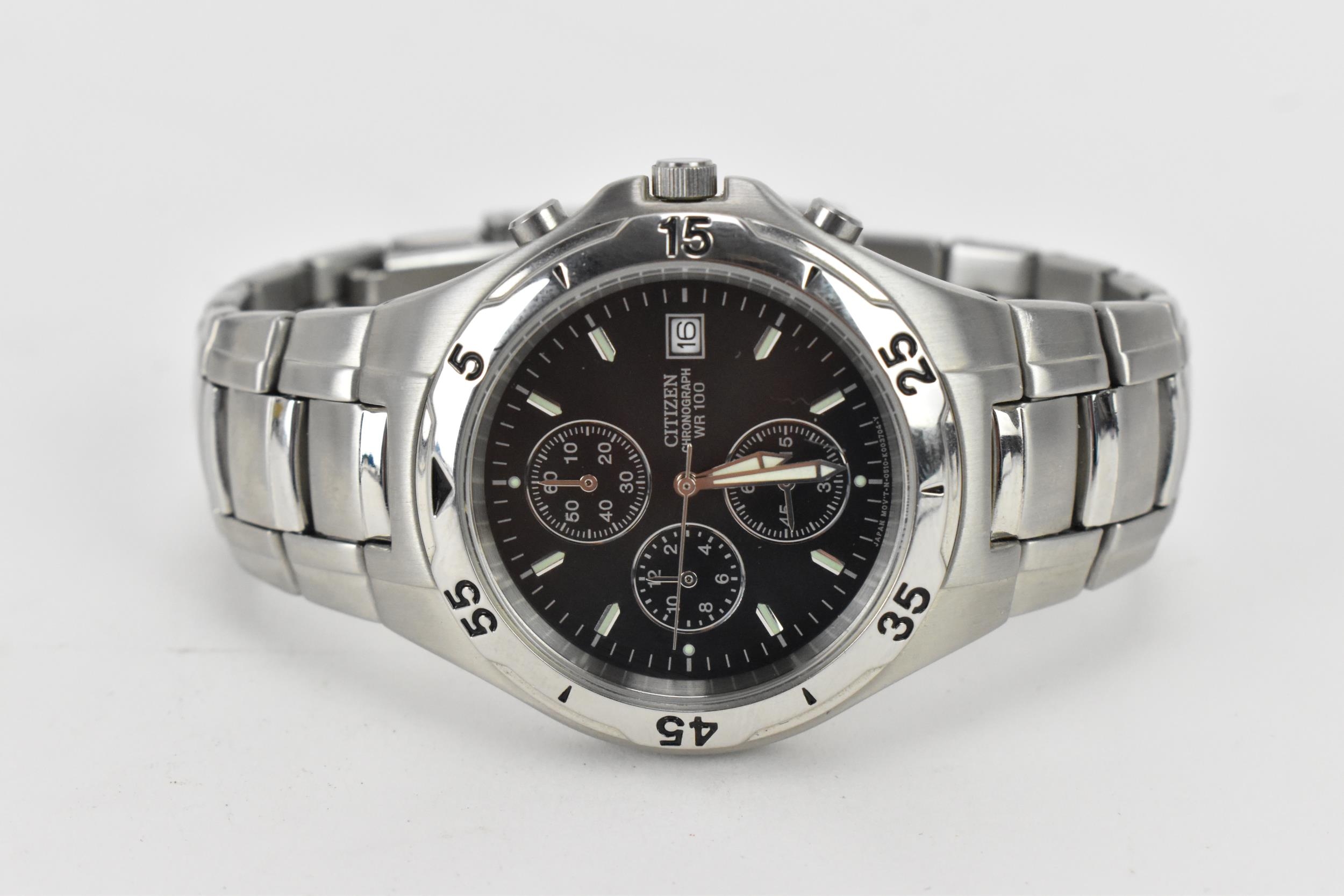 A Citizen Chronograph WR100, quartz, gents, stainless steel wristwatch, having a black dial, - Image 2 of 4