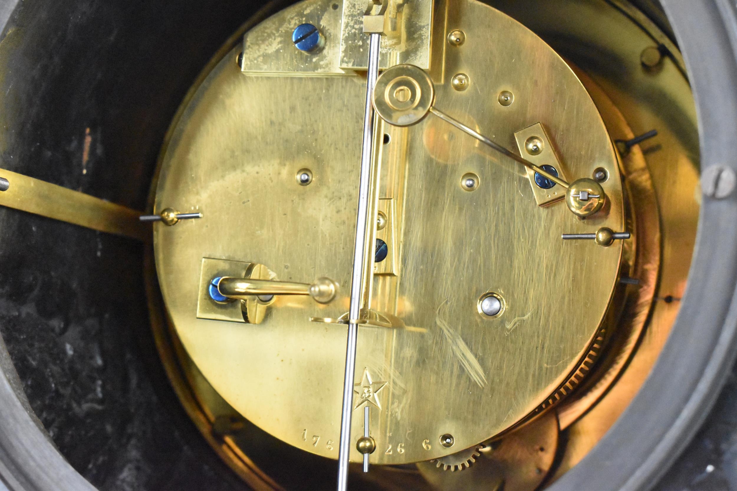 A Victorian black slate perpetual calendar clock, the circular enamel Roman dial having a visible - Image 10 of 12