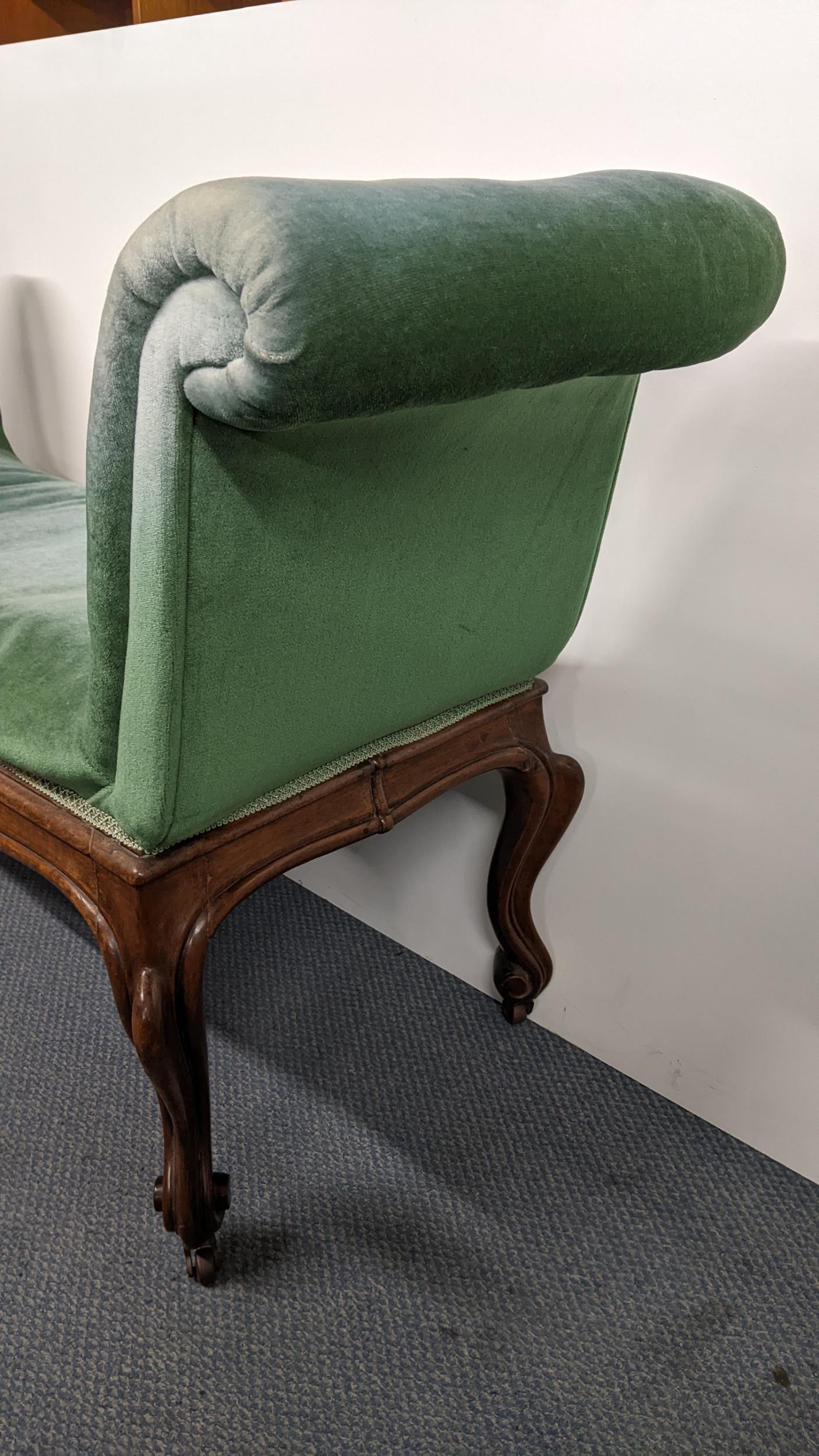 A 19th century French walnut window seat having padded scroll ends, cabriole legs with carved scroll - Image 2 of 8