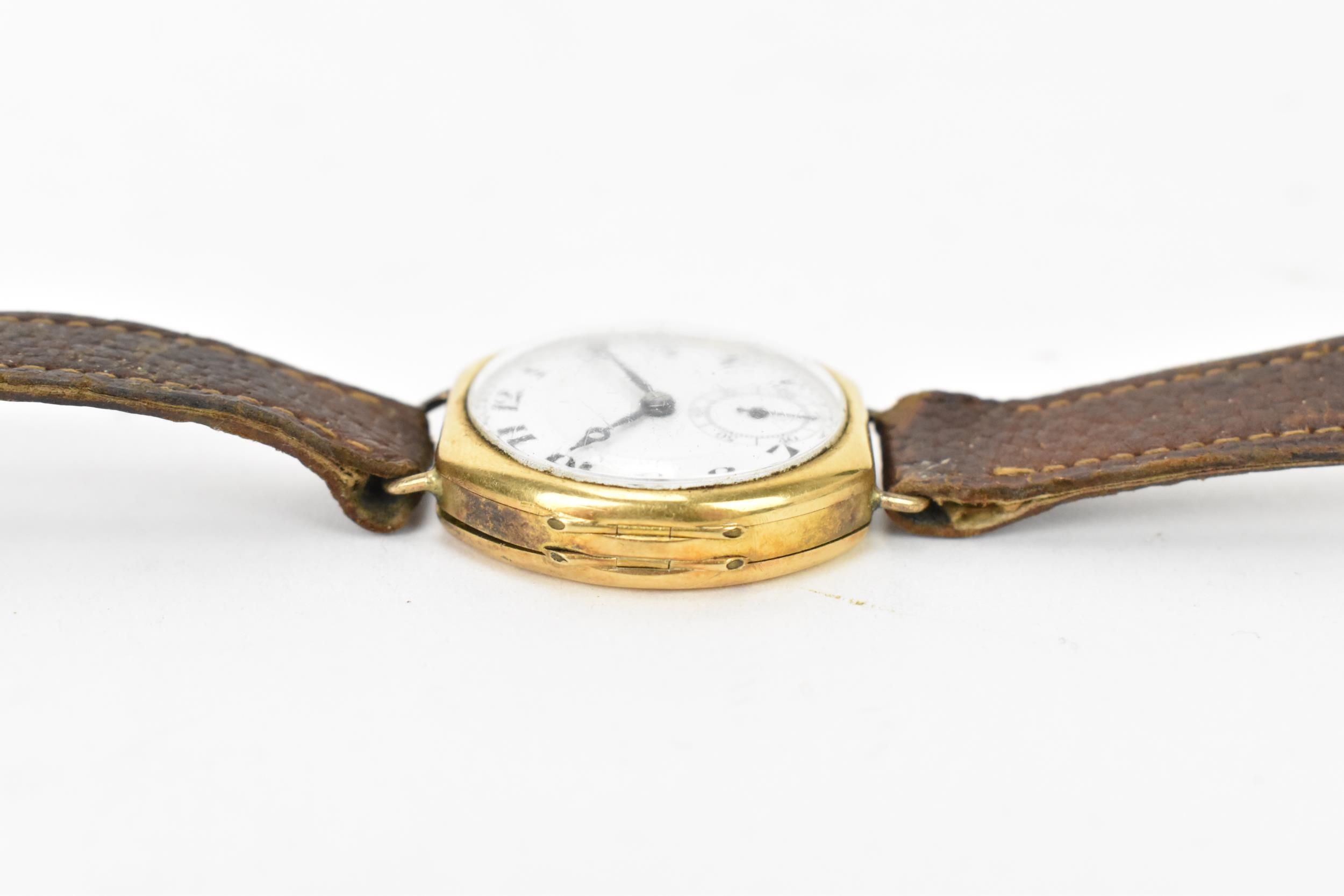 A 1920s, manual wind, gents, 18ct gold wristwatch, having a white enamel dial, subsidiary seconds - Image 4 of 7