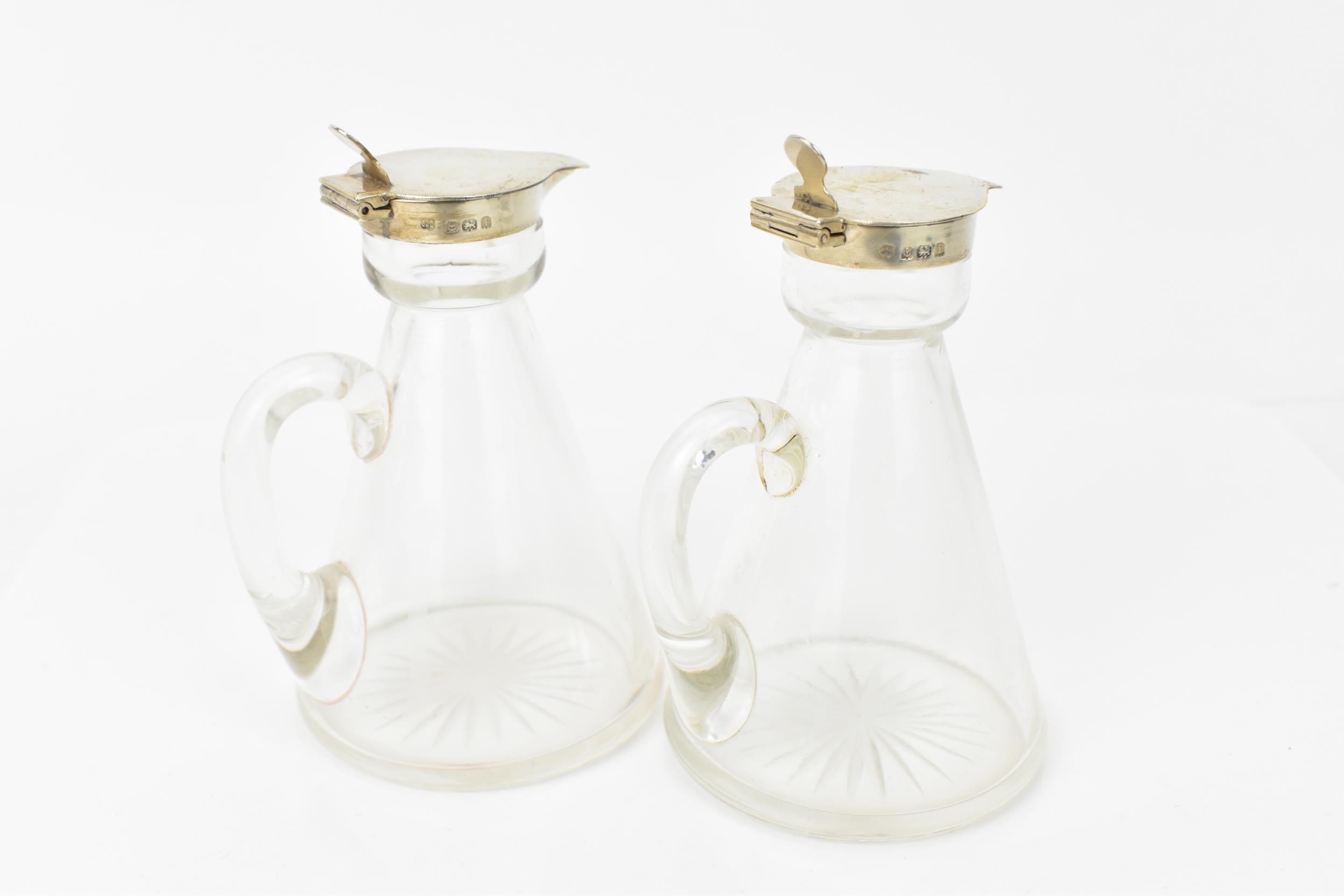 A pair of Edwardian silver mounted whisky tots by Hukin & Heath, Birmingham 1908, each with glass - Image 2 of 5