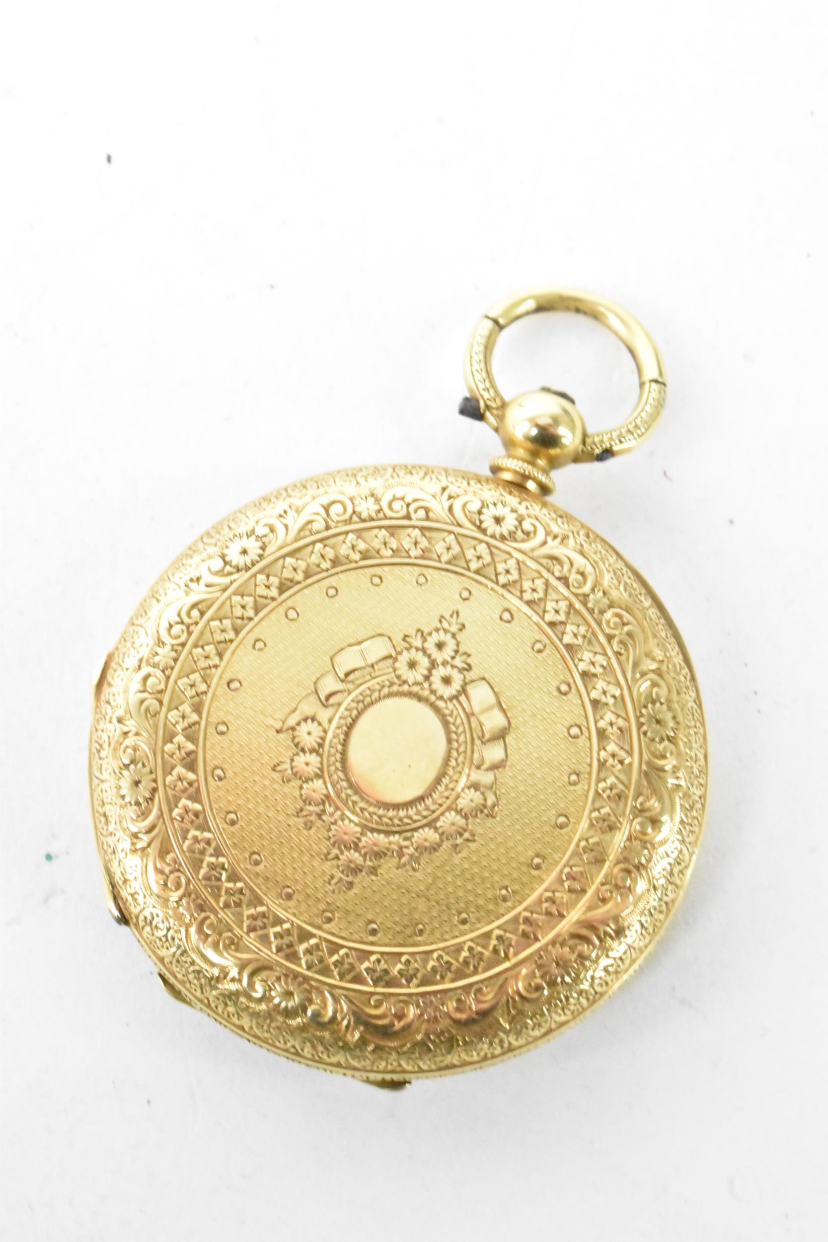 A late 19th/early 20th century 18ct gold half hunter ladies fob watch, the case having an ornate - Bild 2 aus 4