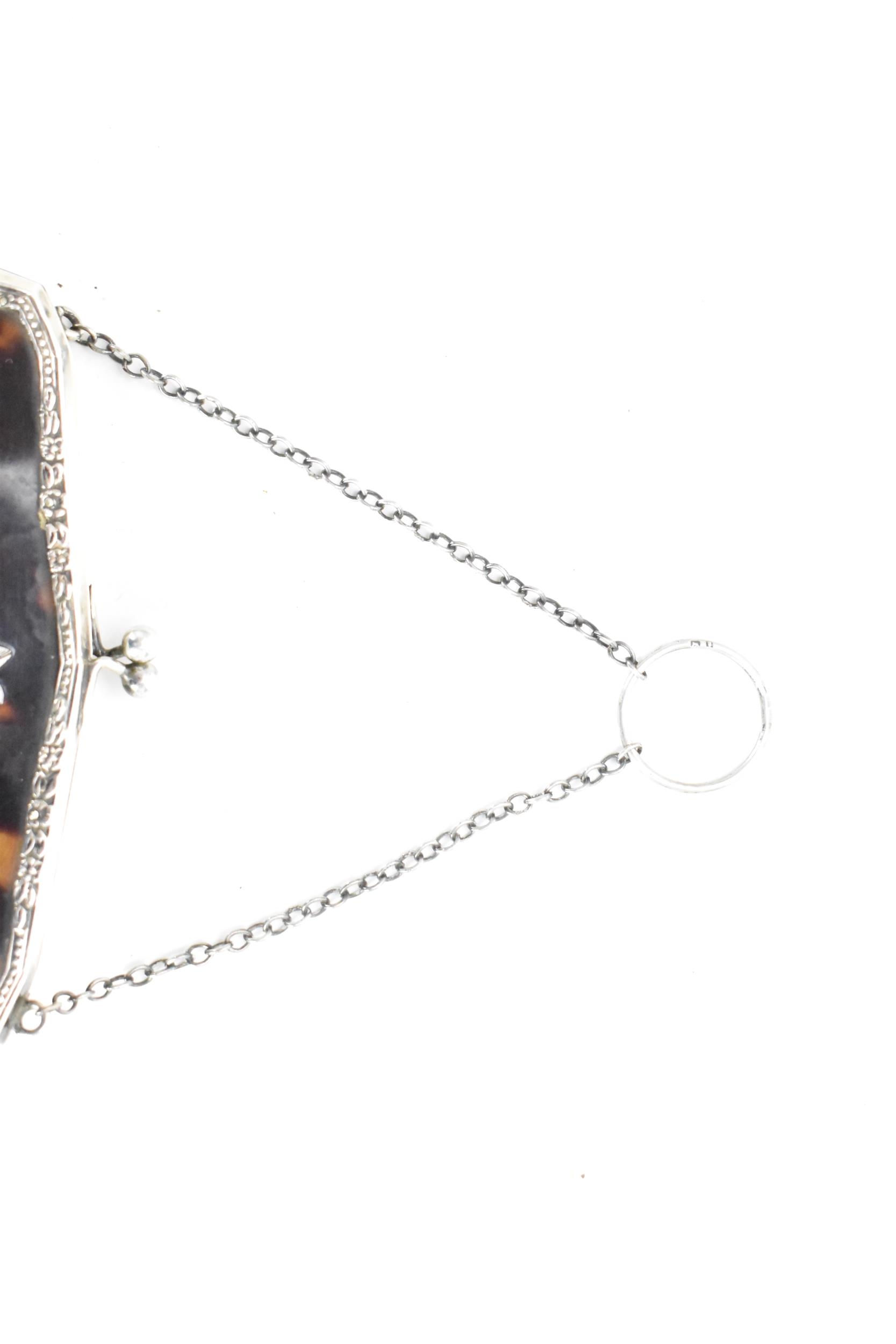 A George V tortoiseshell and silver purse, with suspension chain, Adams style silver inlaid - Image 3 of 8