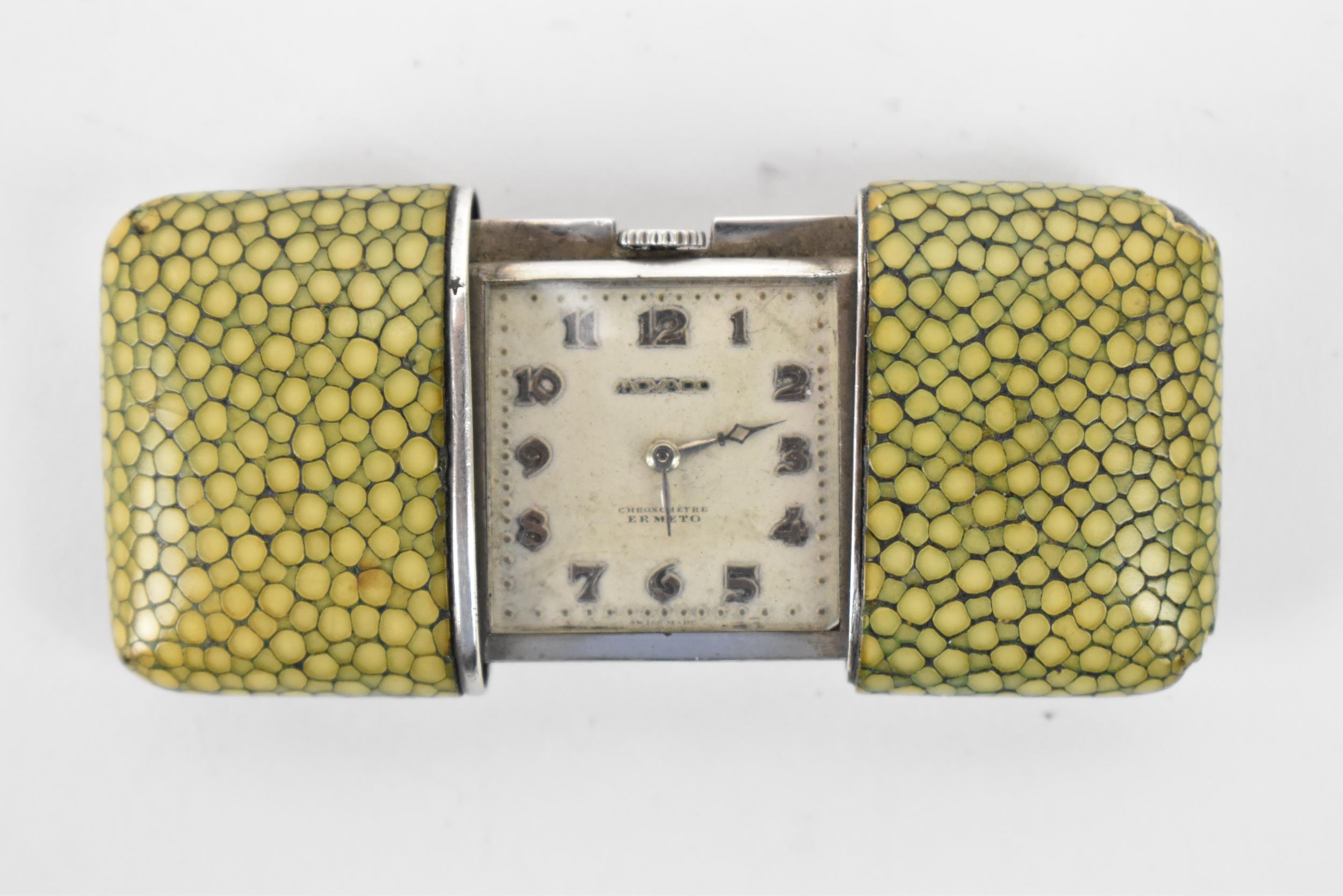 A Movado Chronometre Ermeto Art Deco silver and shagreen travelling purse watch, having a square