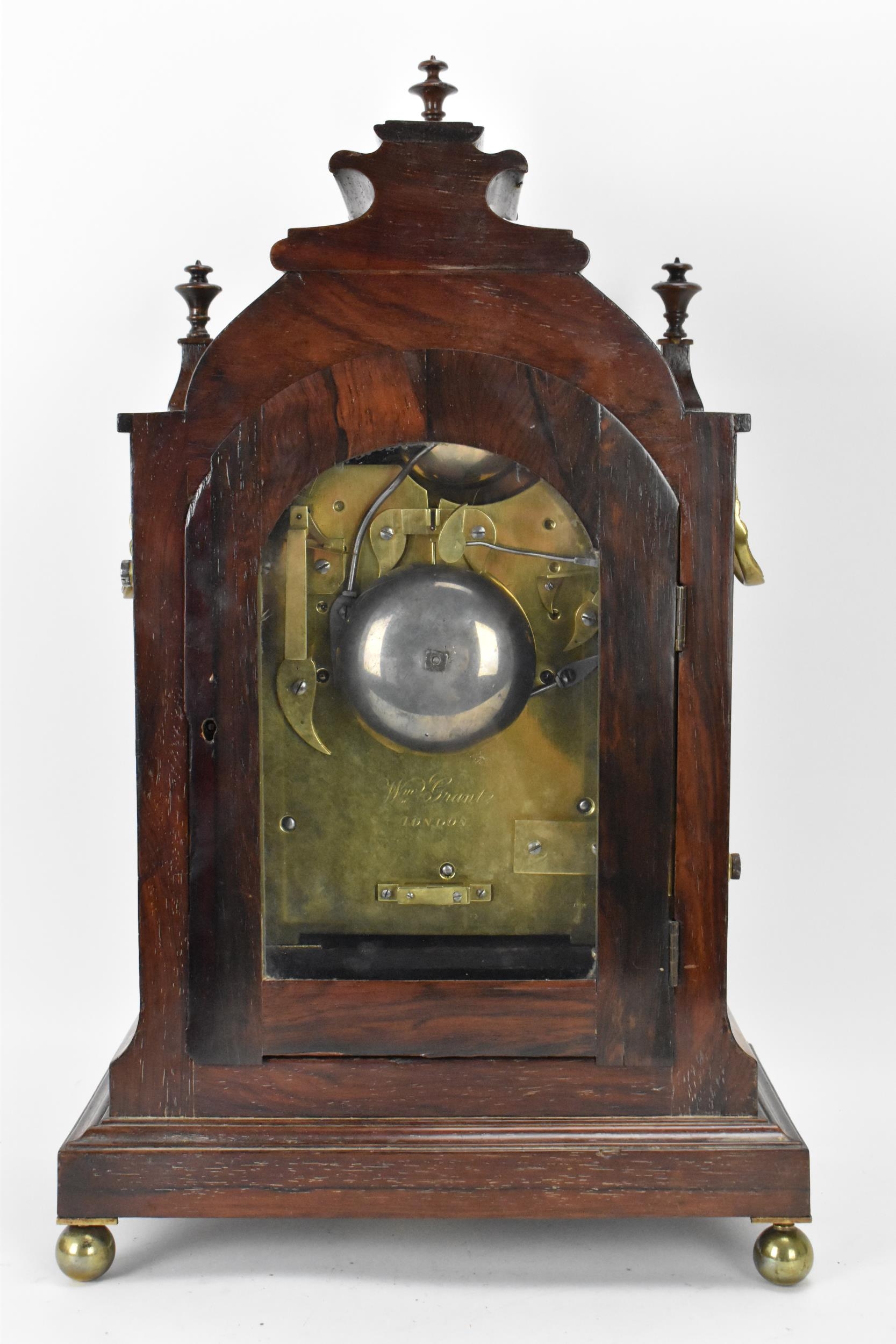 A William IV rosewood bracket clock, the case having three turned finials, applied floral scroll - Image 7 of 9