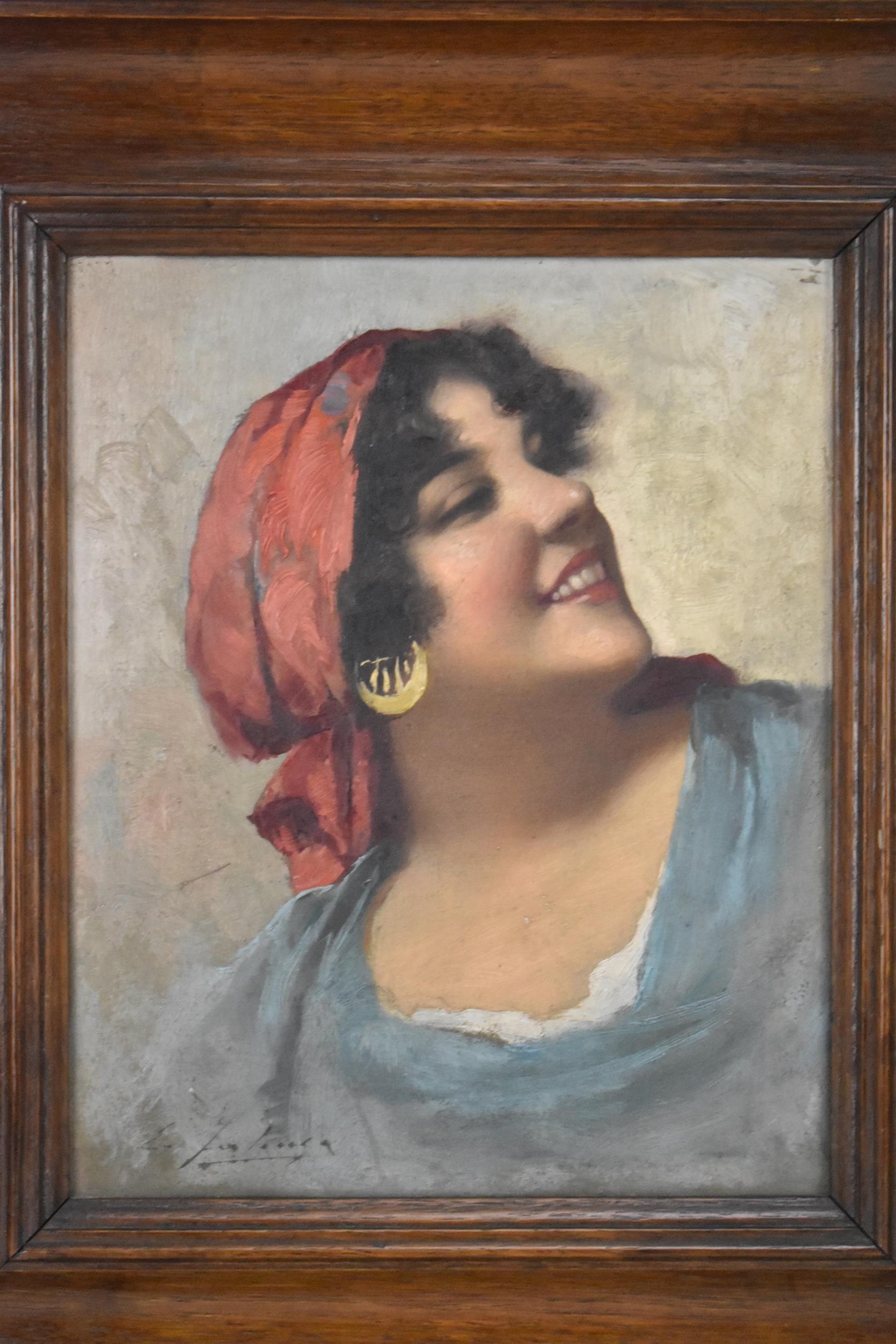 Edoardo Forlenza (1861-1934) - An oil on canvas portrait of a gypsy girl, signed to the lower left - Image 2 of 4