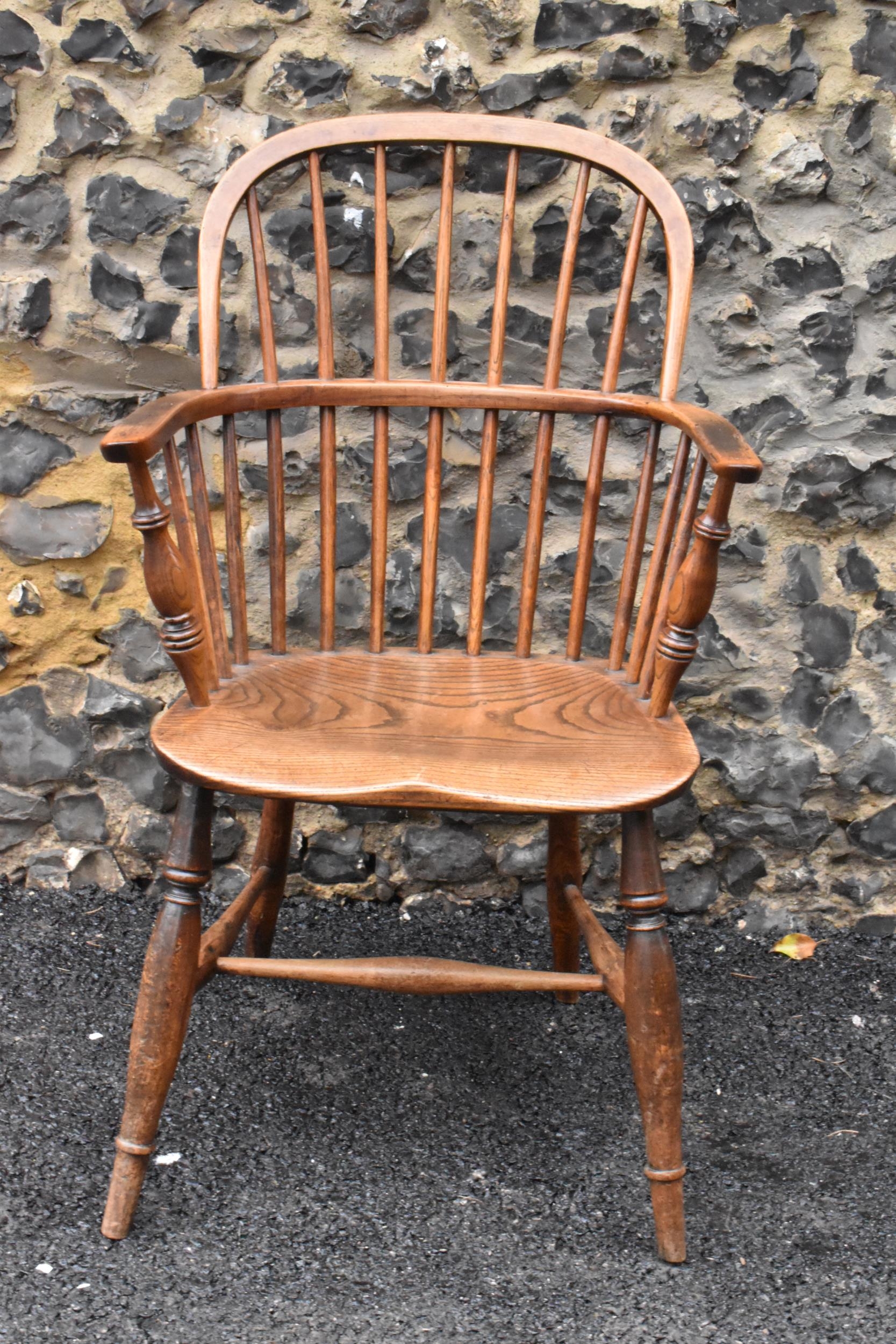 A pair of 19th century elm and ash Windsor carver dining chairs, having spindle hoop shaped backs, - Image 7 of 11