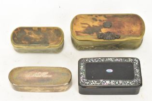 Four mixed snuff boxes to include a George III silver box engraved with name to the lid,