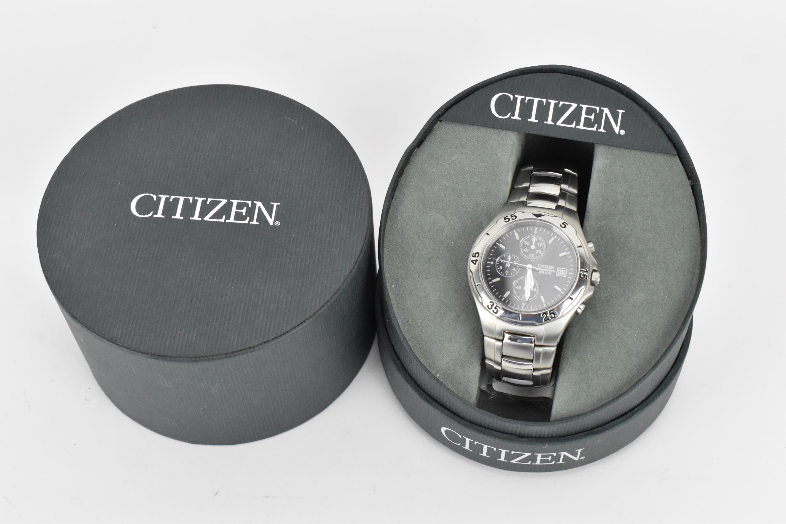 A Citizen Chronograph WR100, quartz, gents, stainless steel wristwatch, having a black dial, - Image 3 of 4
