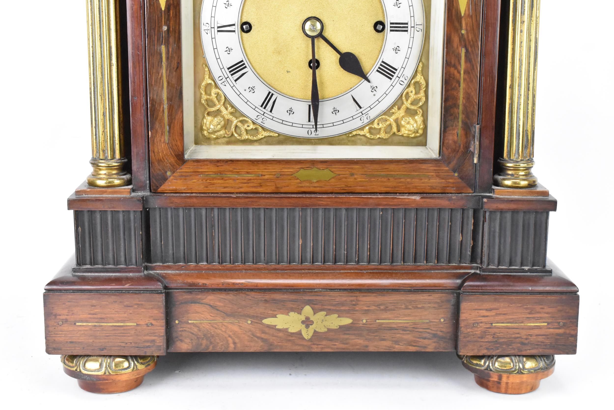 An early 20th century large boardroom triple fusee clock, the rosewood case having three gilt - Image 4 of 9