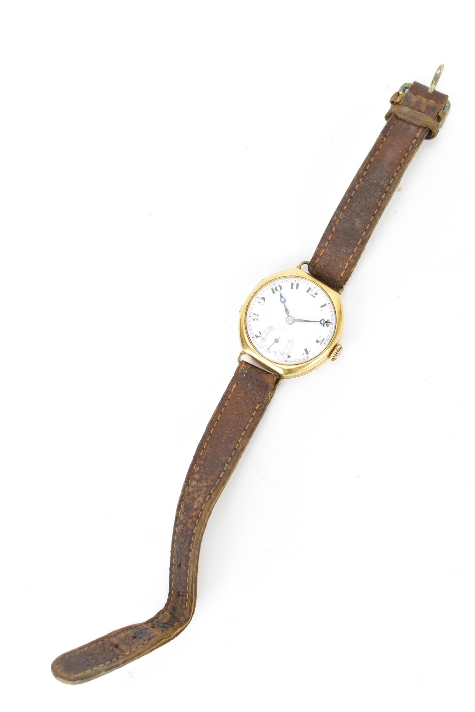 A 1920s, manual wind, gents, 18ct gold wristwatch, having a white enamel dial, subsidiary seconds - Image 2 of 7