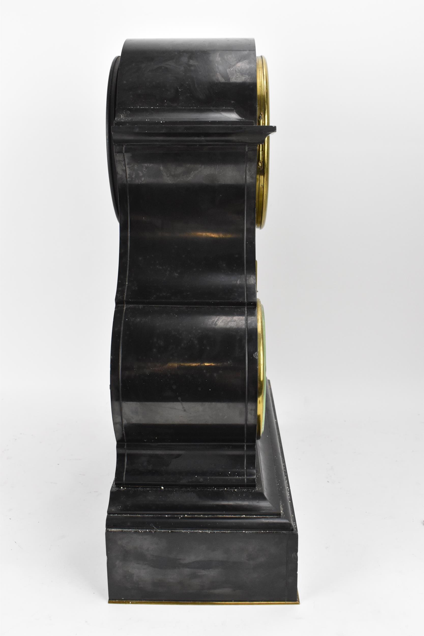 A Victorian black slate perpetual calendar clock, the circular enamel Roman dial having a visible - Image 7 of 12