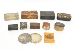 A collection of mainly 19th century and later snuff boxes to include a tortoiseshell casket shaped