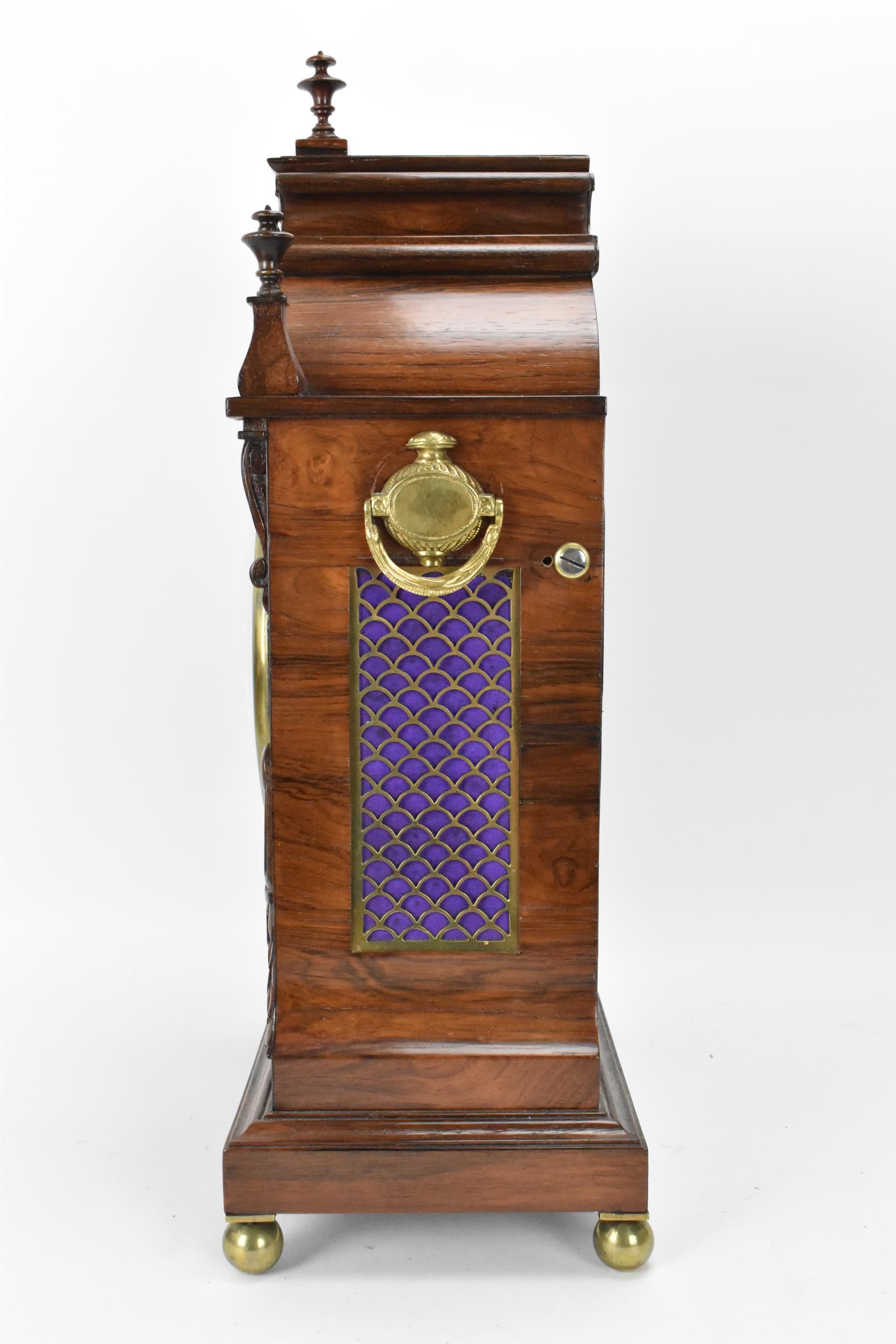 A William IV rosewood bracket clock, the case having three turned finials, applied floral scroll - Image 5 of 9