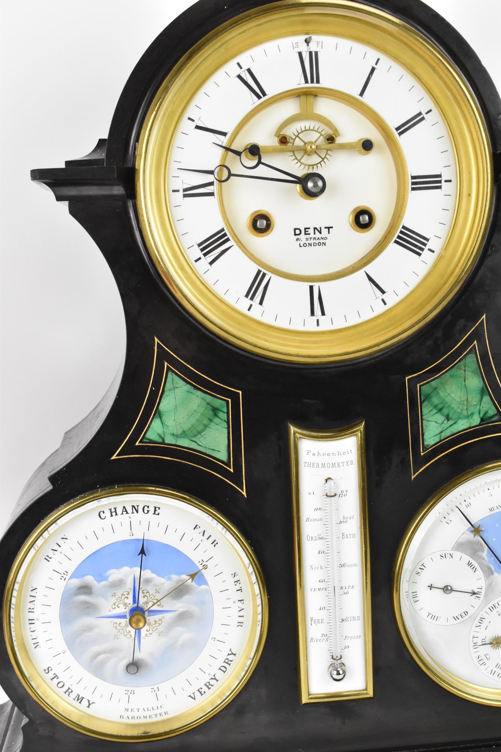 A Victorian black slate perpetual calendar clock, the circular enamel Roman dial having a visible - Image 5 of 12