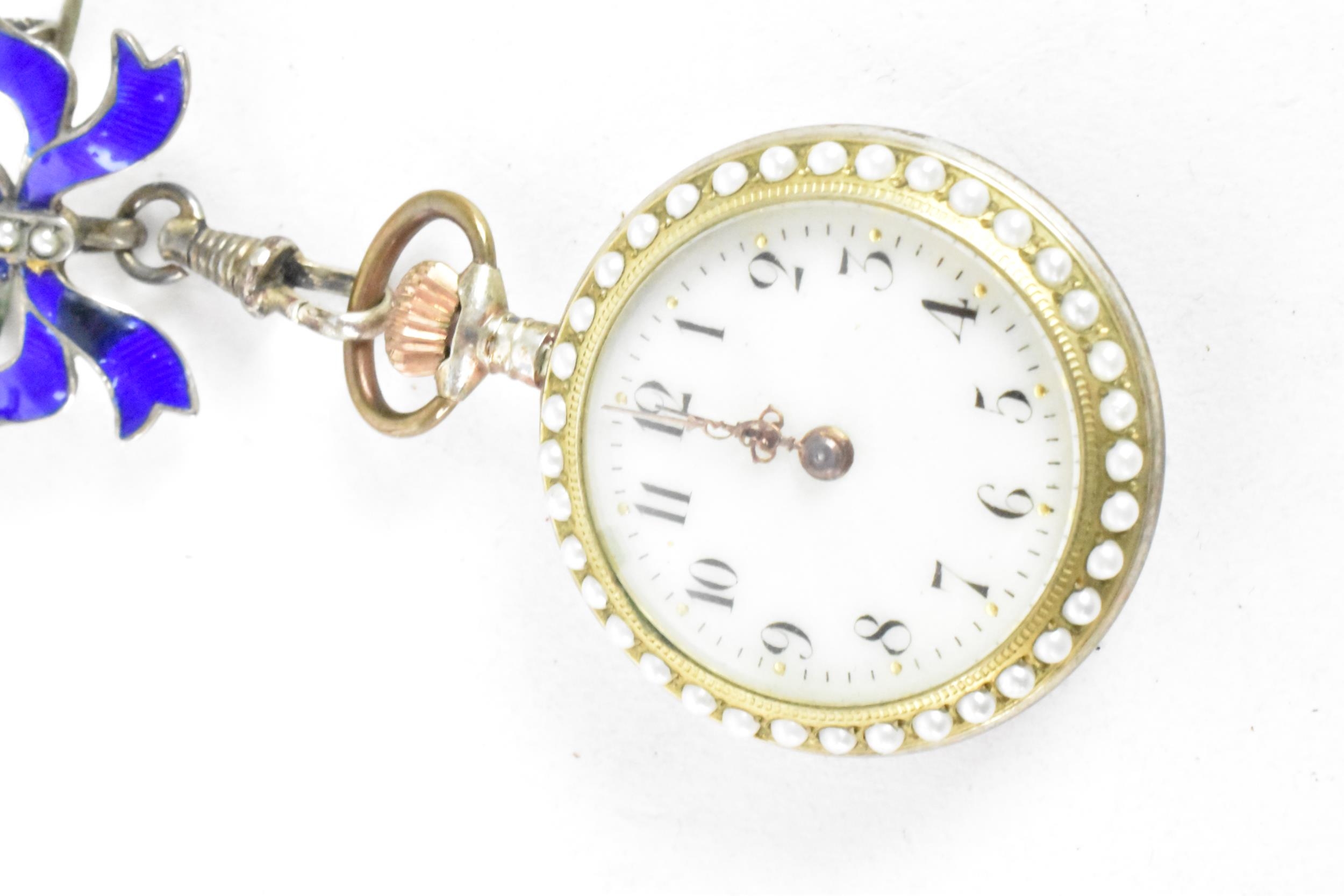 An Edwardian open faced, 800 silver cased keyless would ladies fob watch, the bezel inset with - Image 3 of 6