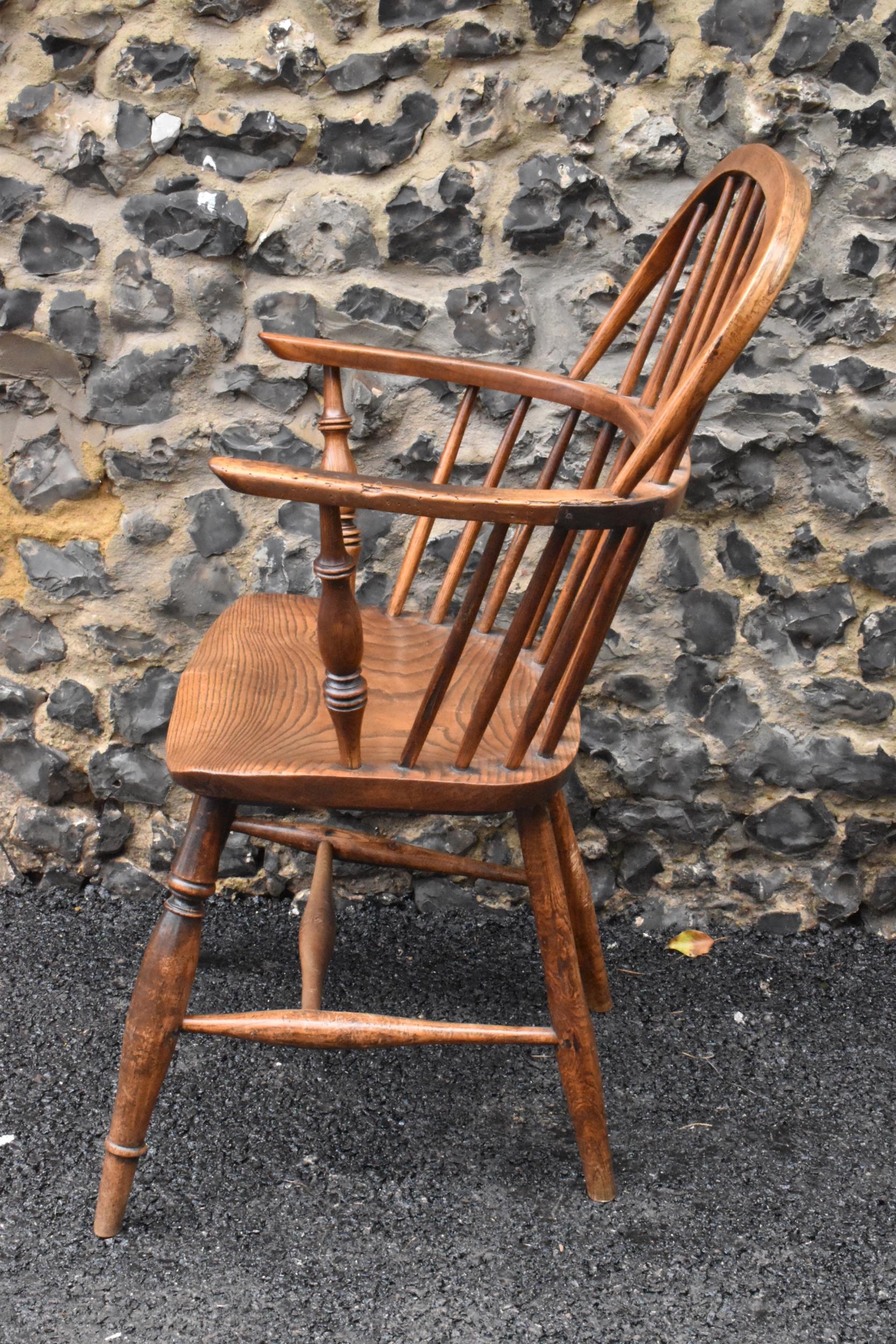 A pair of 19th century elm and ash Windsor carver dining chairs, having spindle hoop shaped backs, - Image 8 of 11