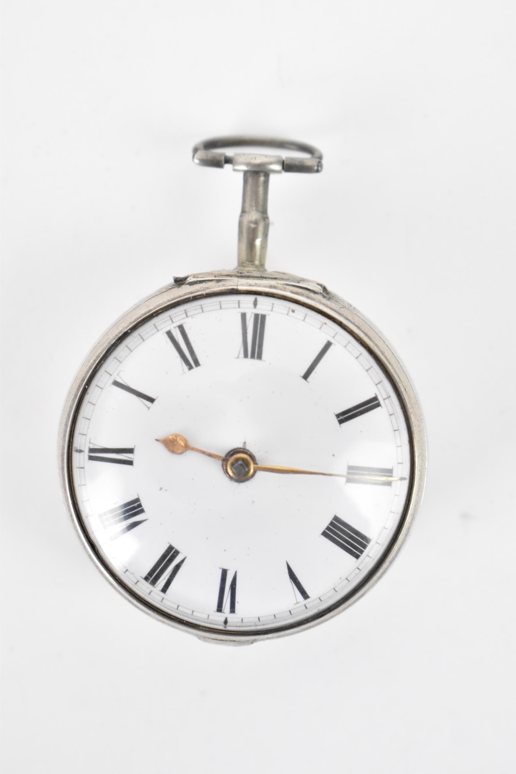 A George III shagreen and silver pair cased pocket watch, the white enamel dial having black Roman - Image 5 of 9