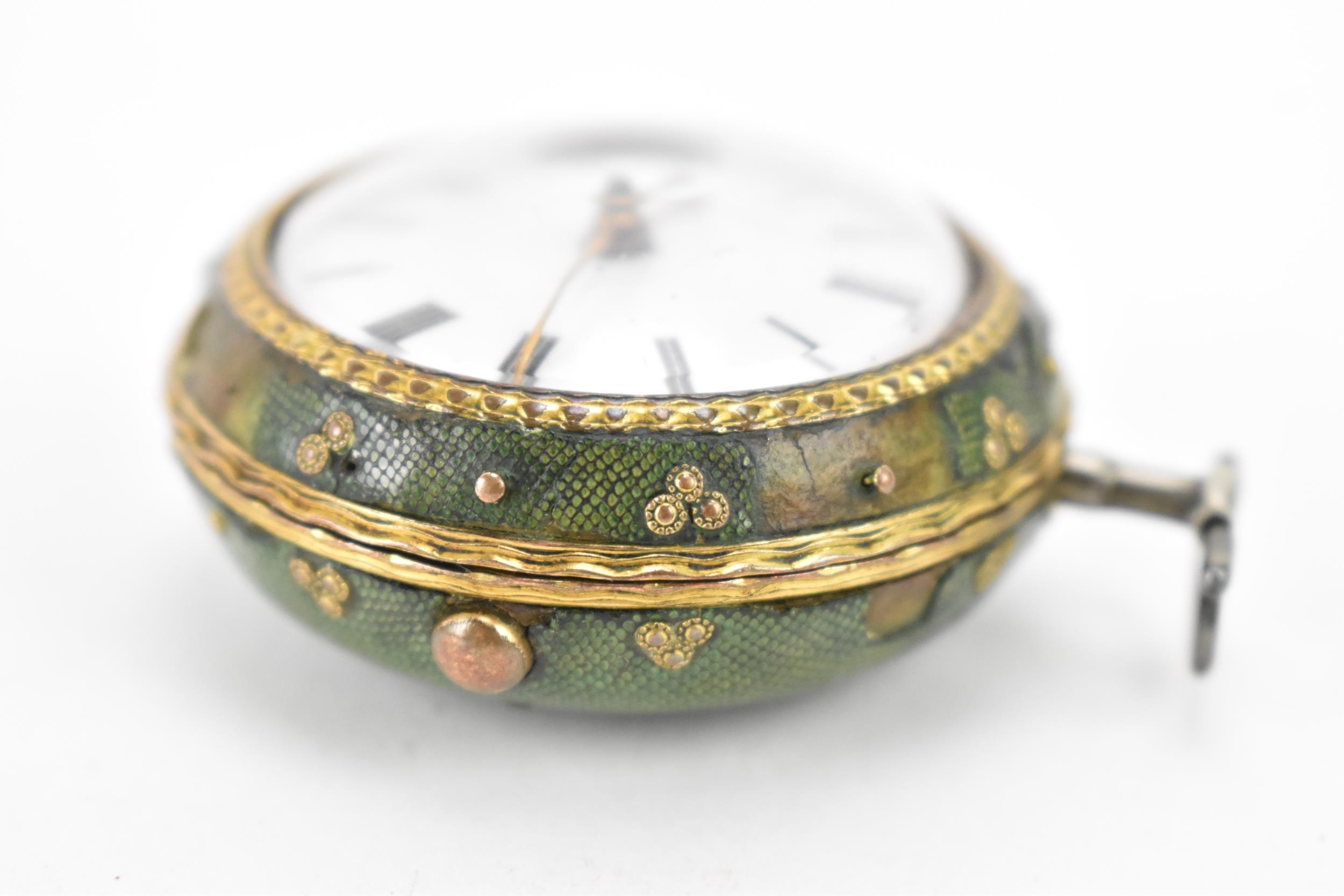 A George III shagreen and silver pair cased pocket watch, the white enamel dial having black Roman - Image 3 of 9