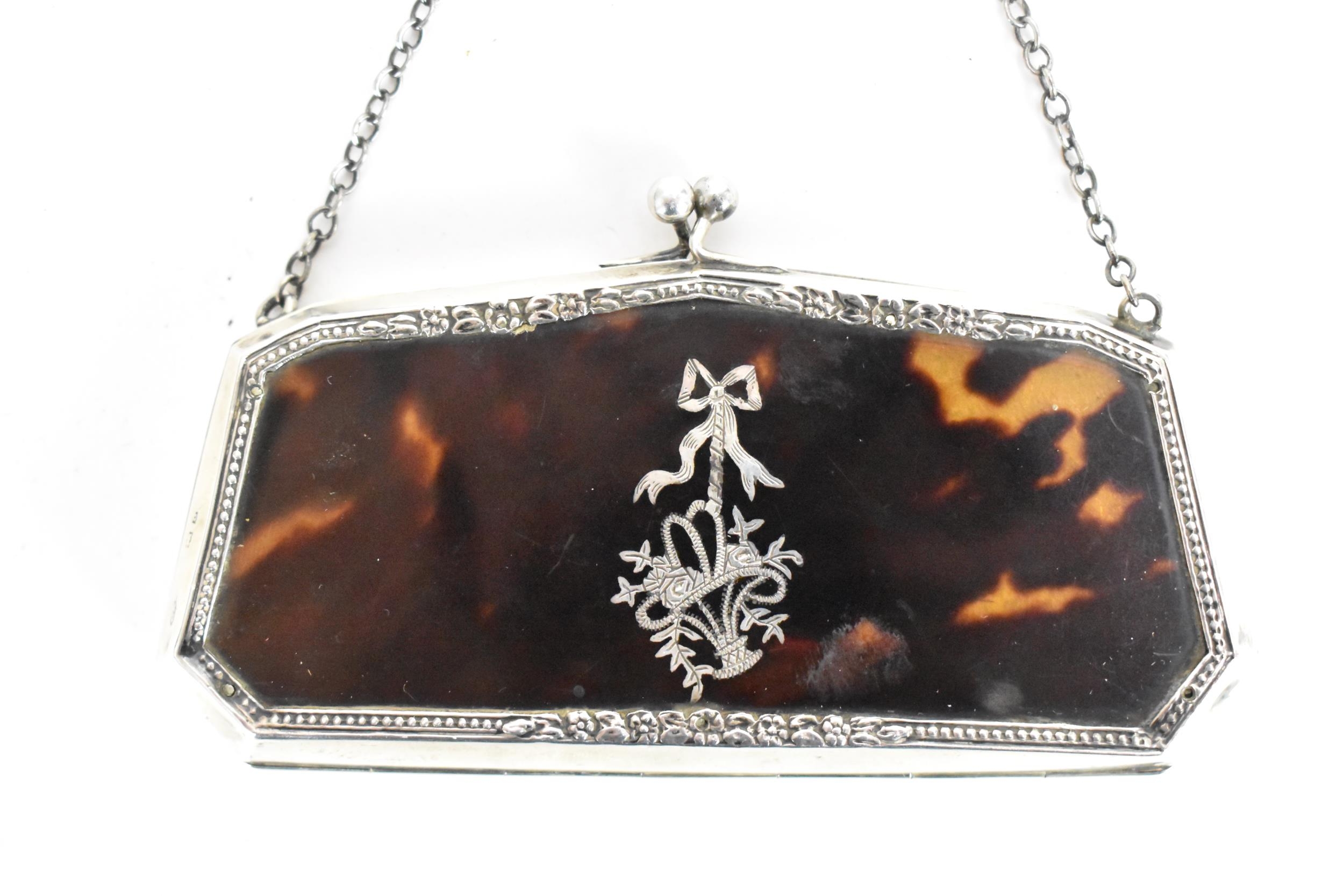 A George V tortoiseshell and silver purse, with suspension chain, Adams style silver inlaid - Image 2 of 8